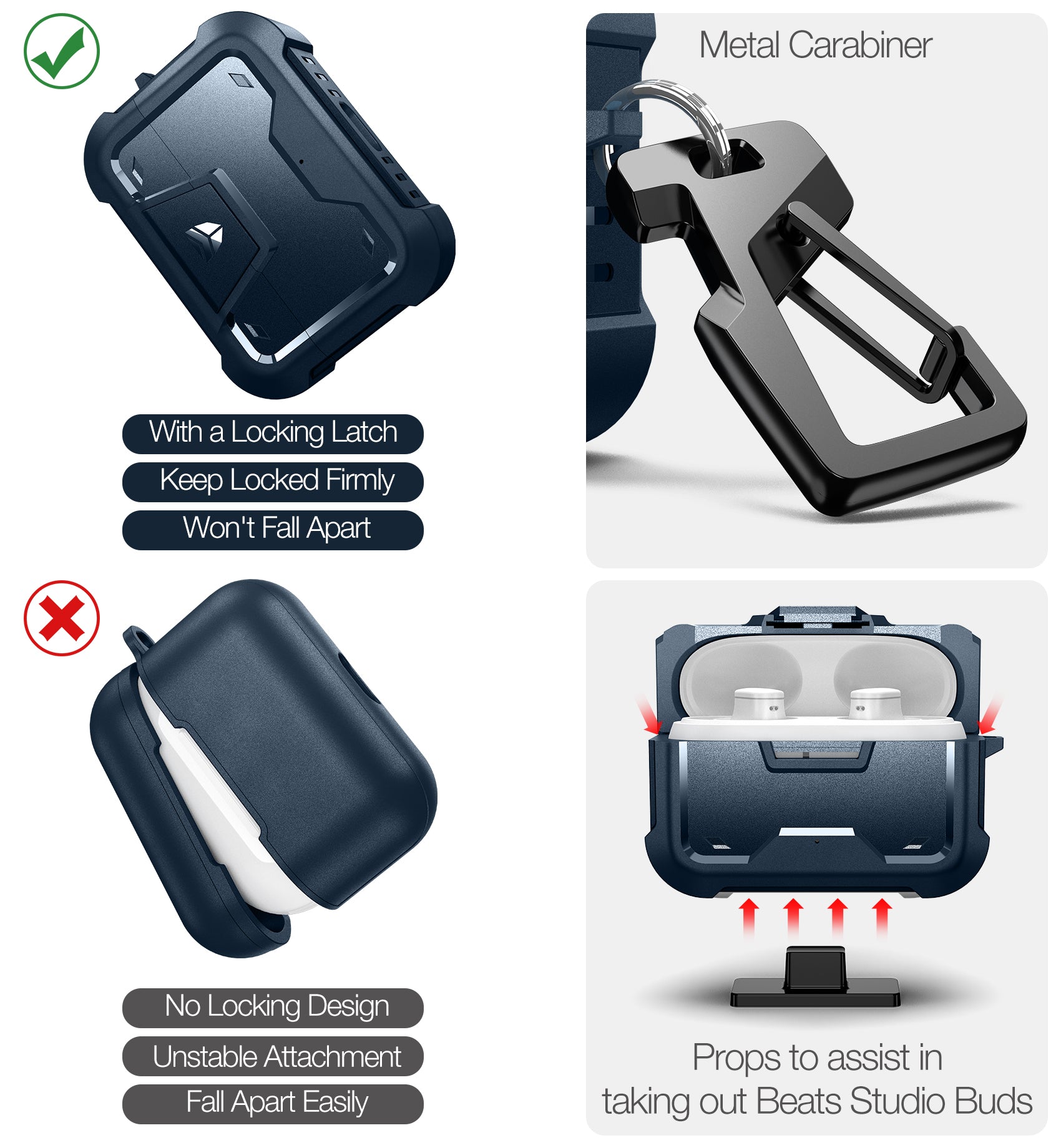 Dexnor Earphone Case for Beats Studio Buds 2021/Buds + 2023 with Secure Lock and Carabiner Full Body Bumper Shockproof Rugged Cover