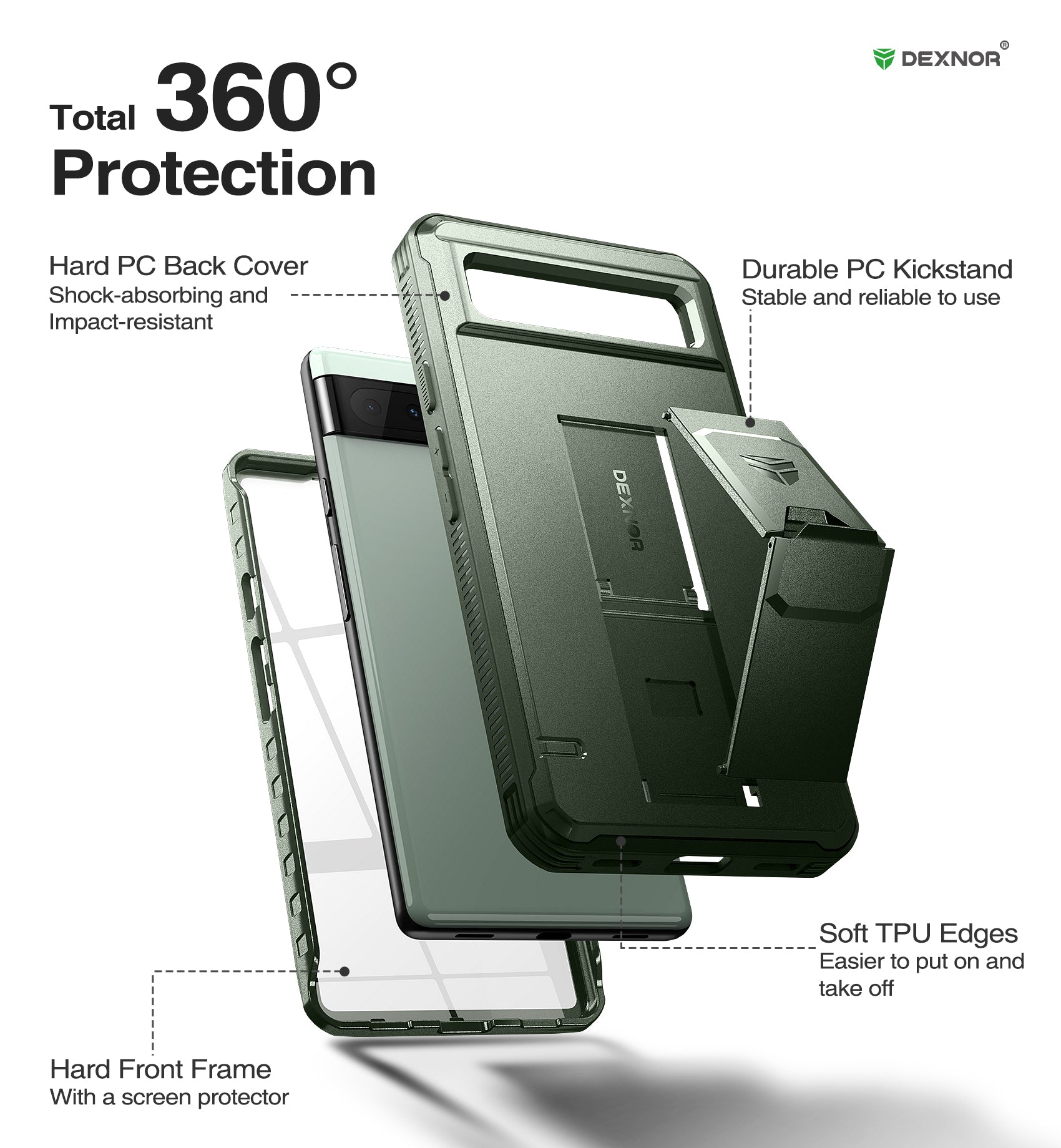 Dexnor Case for Google Pixel 6A With Screen Protector Full Body Bumper Kickstand Heavy-duty Shockproof Rugged Cover.