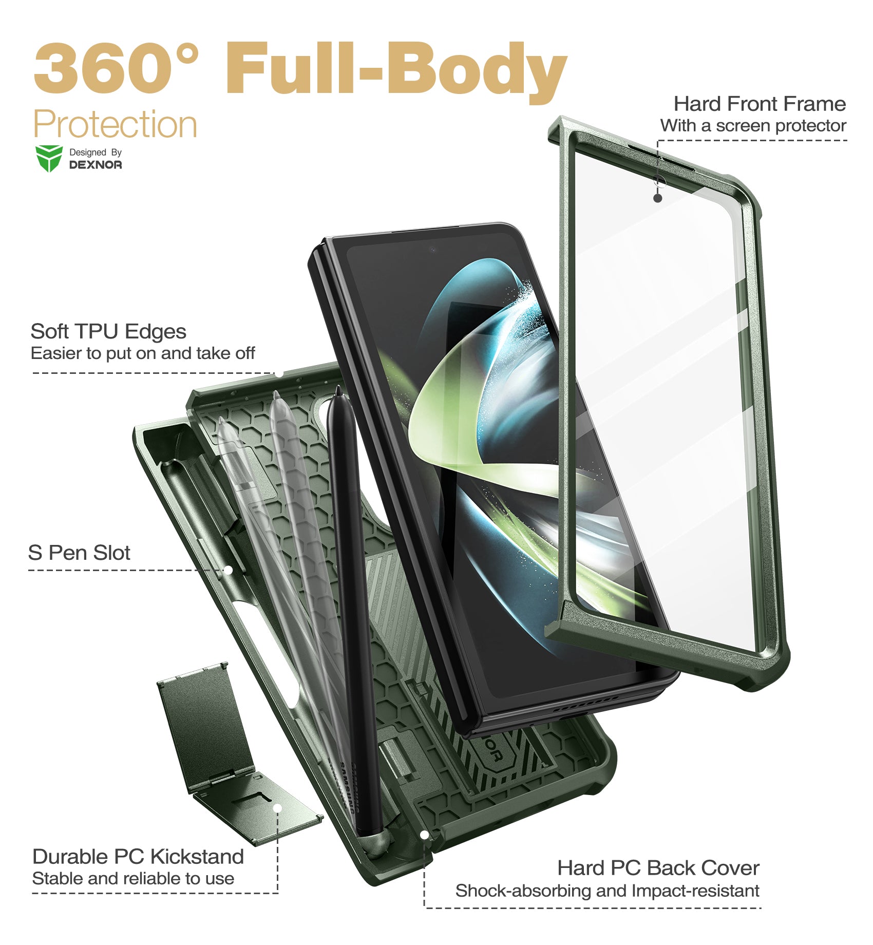 Dexnor Case for Samsung Galaxy Z Fold 4 With Hinge Coverage Screen Protector Full Body Bumper Kickstand Heavy-duty Shockproof Rugged Cover.