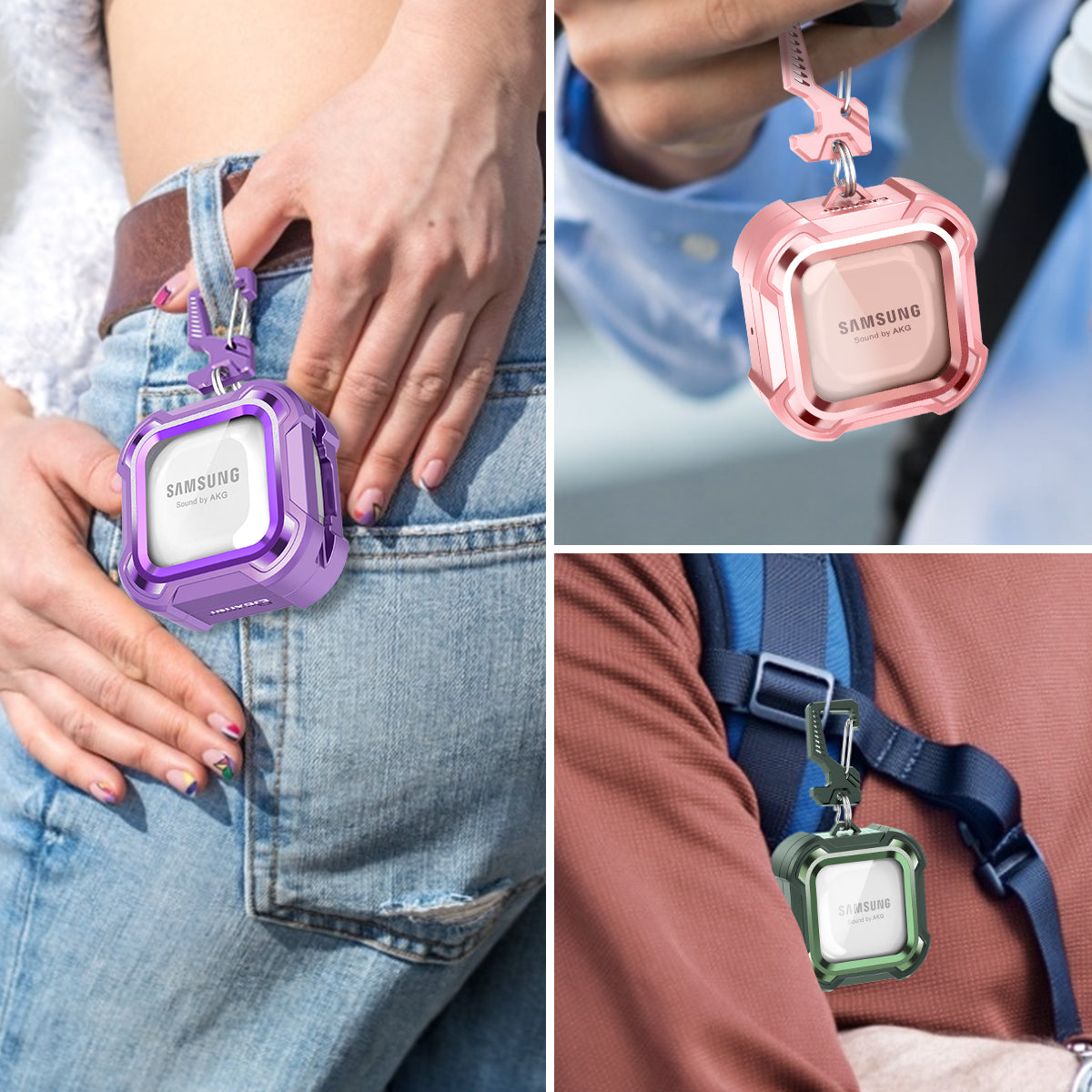 Dexnor Earphone Case For Samsung Galaxy Buds Live / Pro / Buds2 / Buds2 Pro /FE(2023) with Secure Lock and Carabiner Full Body Bumper Shockproof Rugged Cover Electroplating version.