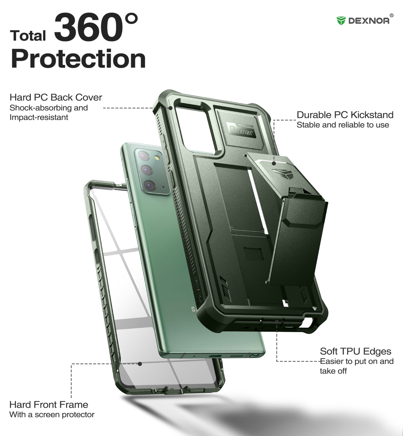 Dexnor Case for Samsung Galaxy Note 20 With Single Screen Protector Full Body Bumper Kickstand Heavy-duty Shockproof Rugged Cover.