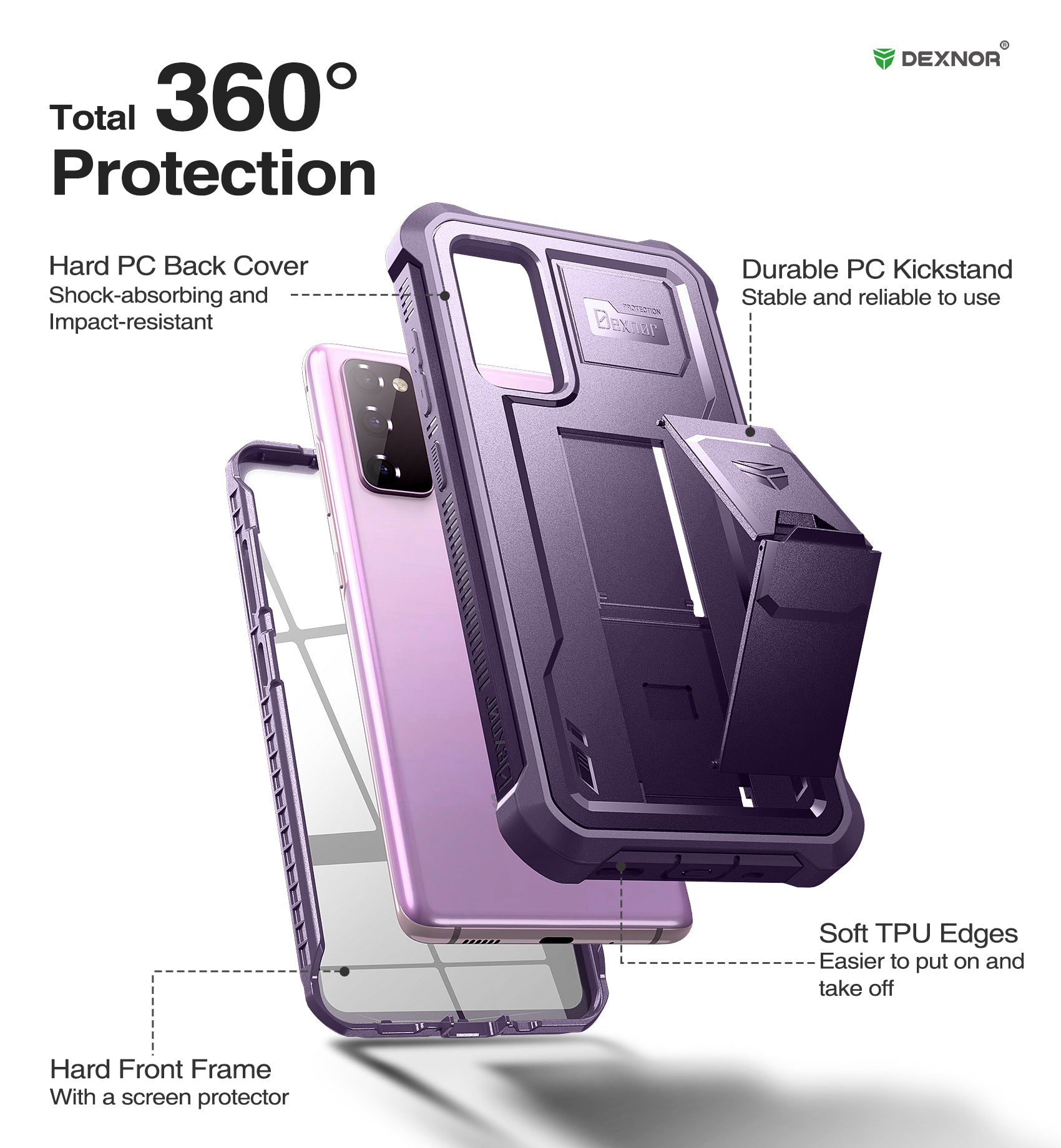 Dexnor Case for Samsung Galaxy S20 FE With Single Screen Protector Full Body Bumper Kickstand Heavy-duty Shockproof Rugged Cover