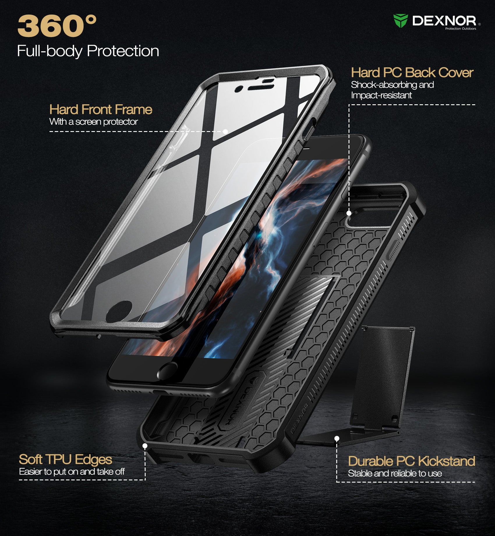 Dexnor Case for iPhone 8 Plus/7 Plus With Screen Protector Full Body Bumper Kickstand Heavy-duty Shockproof Rugged Cover.