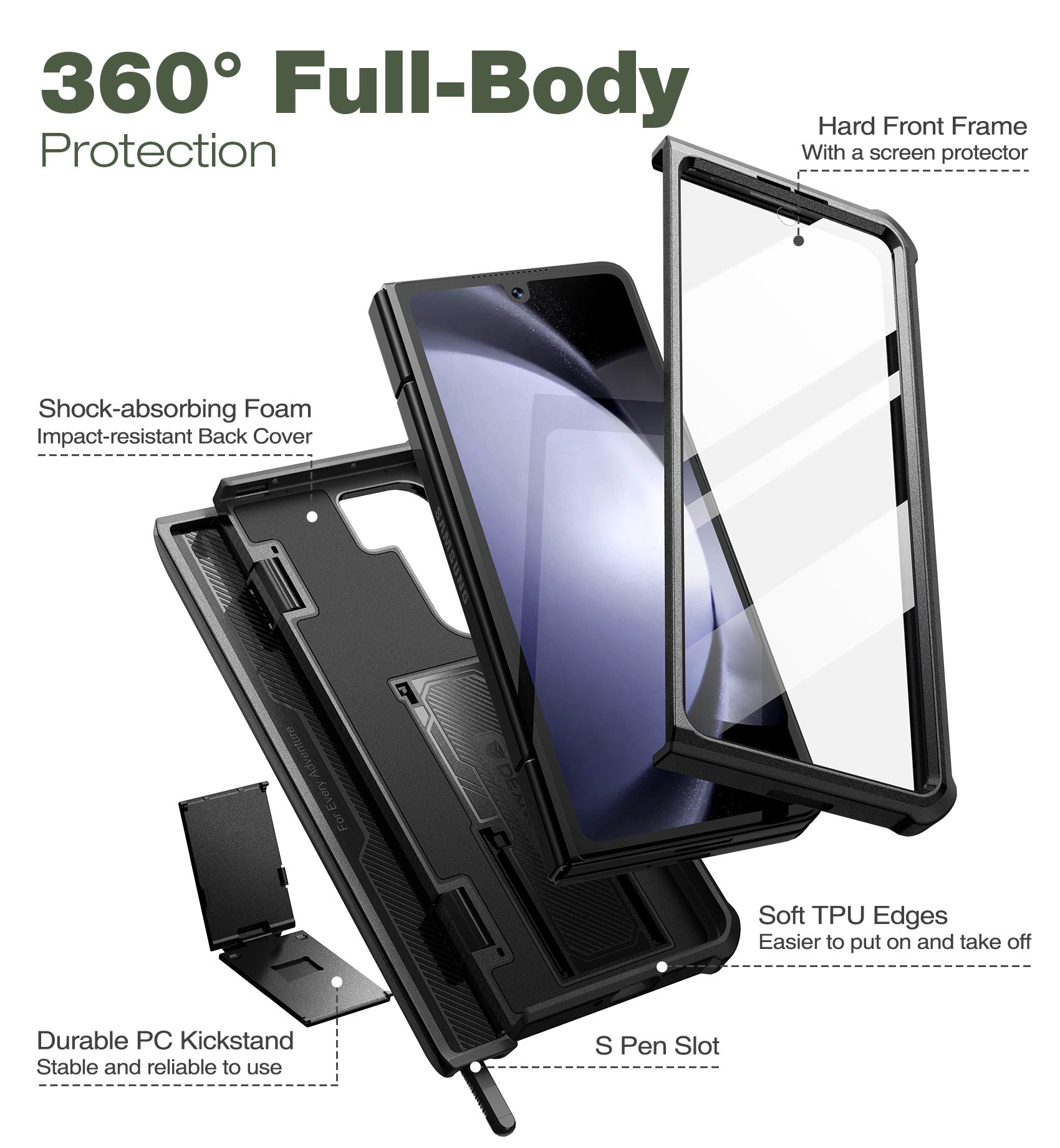 Dexnor Case for Samsung Galaxy Z Fold 5 With Hinge Coverage Screen Protector Full Body Bumper Kickstand Heavy-duty Shockproof Rugged Cover.