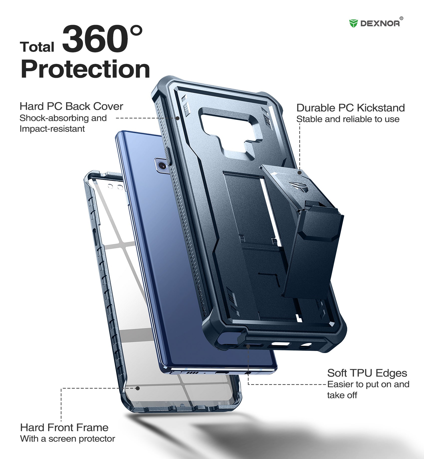 Dexnor Case for Samsung Galaxy Note 9 With Single Screen Protector Full Body Bumper Kickstand Heavy-duty Shockproof Rugged Cover.