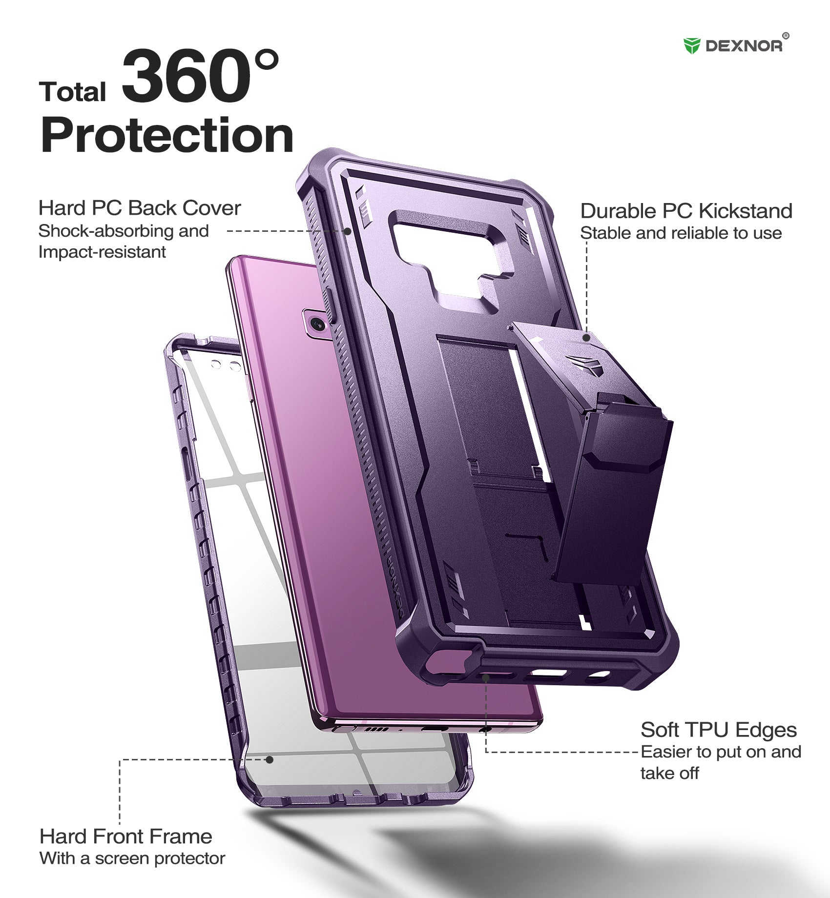Dexnor Case for Samsung Galaxy Note 9 With Single Screen Protector Full Body Bumper Kickstand Heavy-duty Shockproof Rugged Cover.