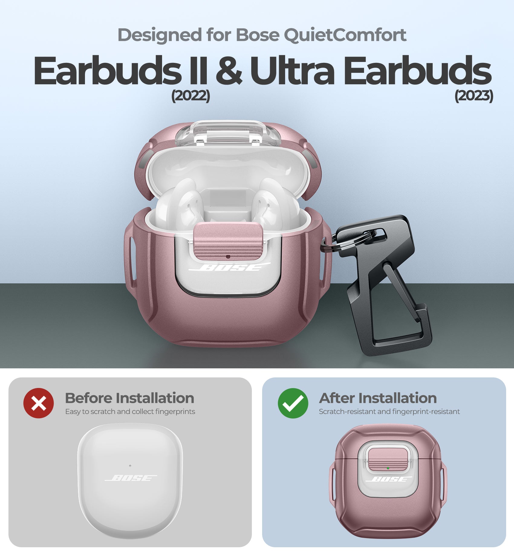 Dexnor Case for Bose QuietComfort Ultra Earbuds 2023 Secure Lock Clip Rugged with Carabiner Keyring