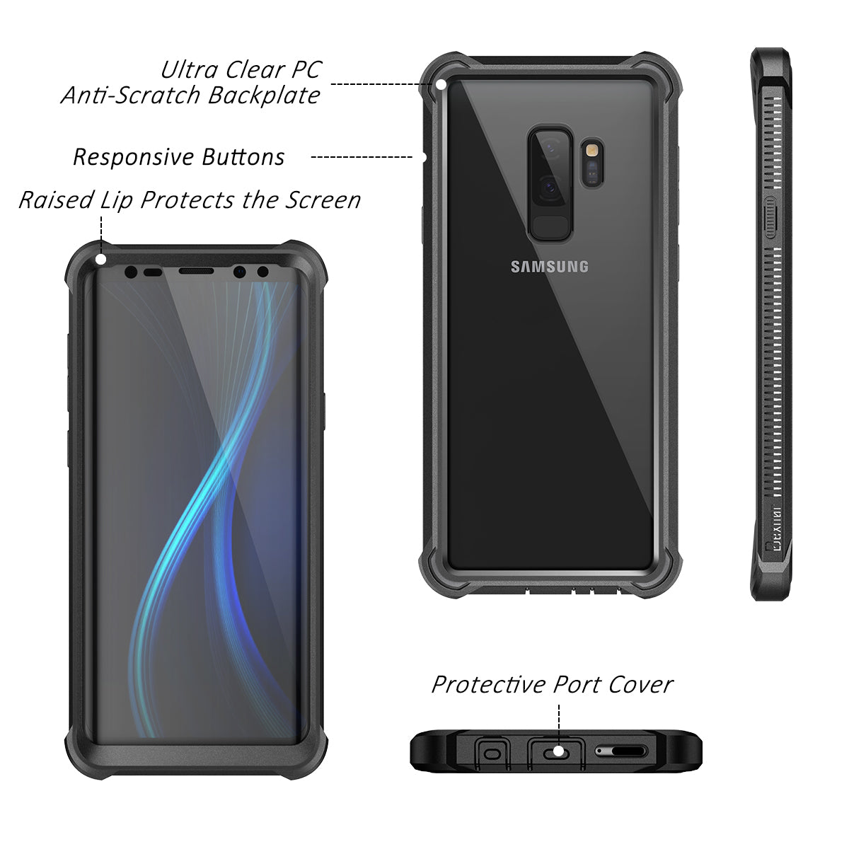 Dexnor Case for Galaxy S9 Plus with Screen Protector Clear Military Grade Rugged 360 Full Body Protective Shockproof Hard Back Cover Defender Heavy Duty Bumper
