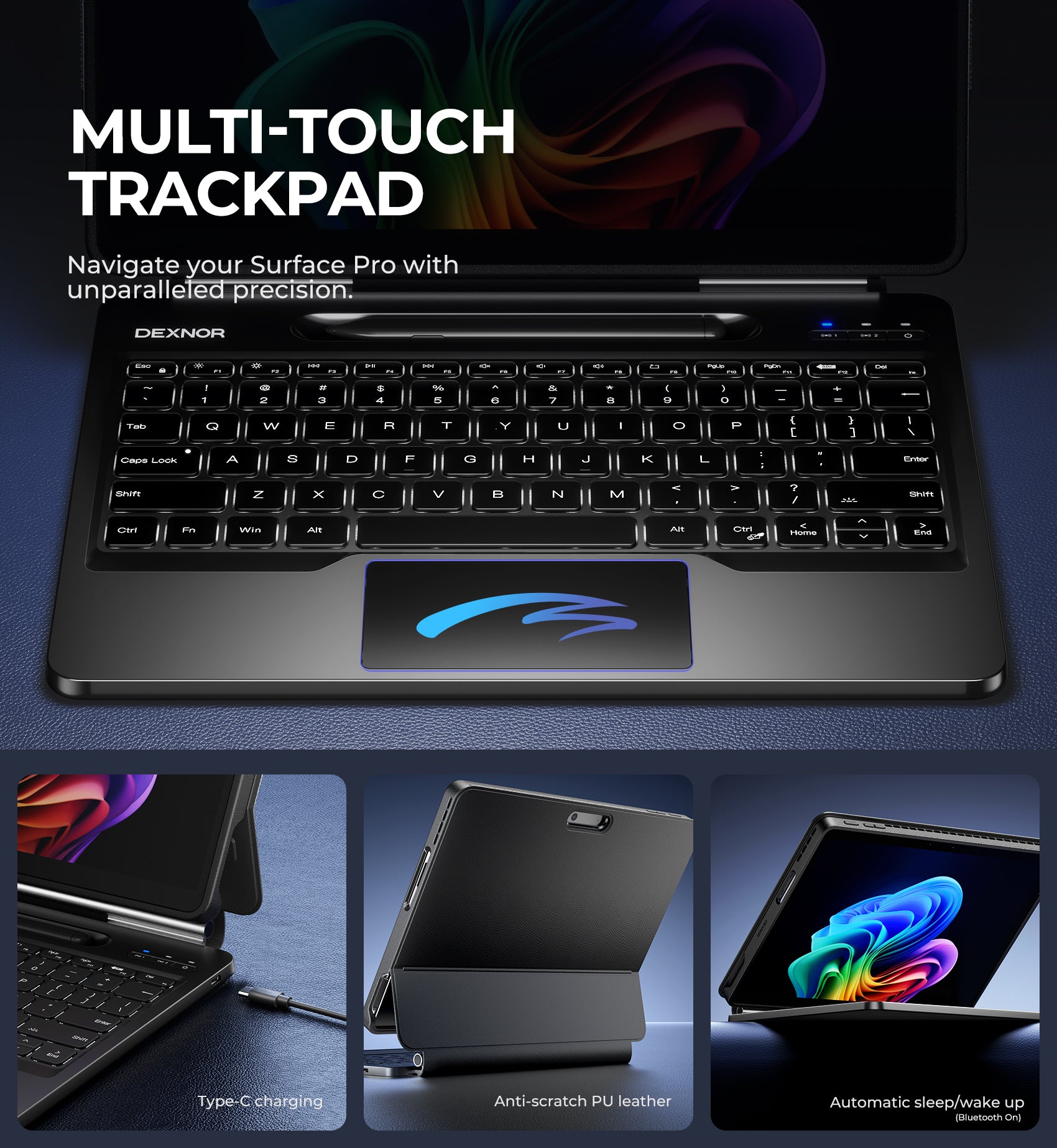 Dexnor Magic-Style Keyboard Case for Microsoft Surface Pro 11 with Detachable Magnetic Cover Floating Cantilever Stand Multi-Touch Trackpad Backlit Stylus Holder