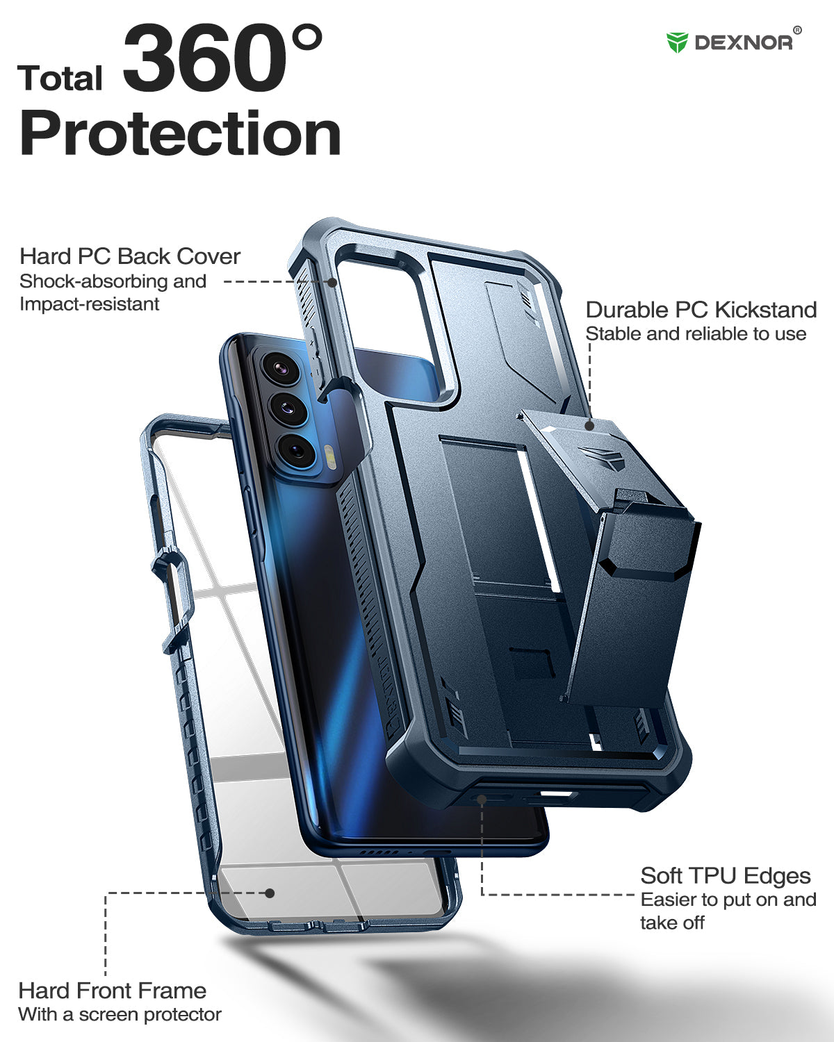 Dexnor Case for Motorola Moto Edge 2021 5G UW Built in Screen Protector and Kickstand Heavy Duty Military Grade Protection Shockproof Protective Cover for Men Women