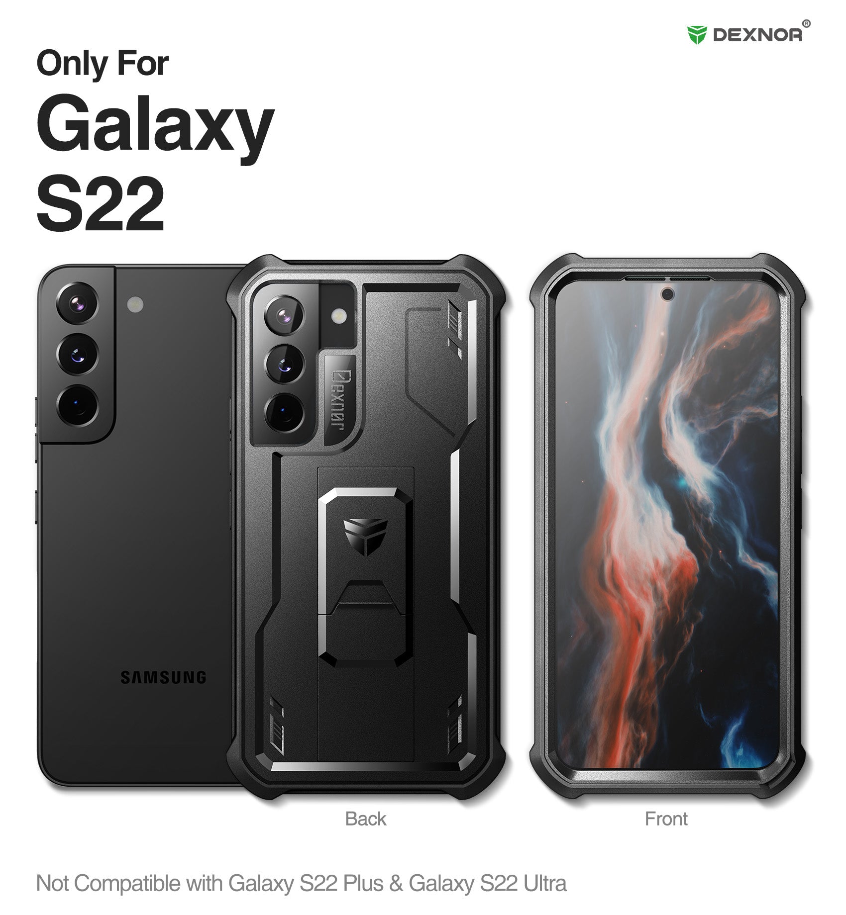 Dexnor Case for Samsung Galaxy S22 5G 6.1 inches Extra Front Frame Heavy Duty Military Grade Protection Built-in Screen Protector and Kickstand Full Body