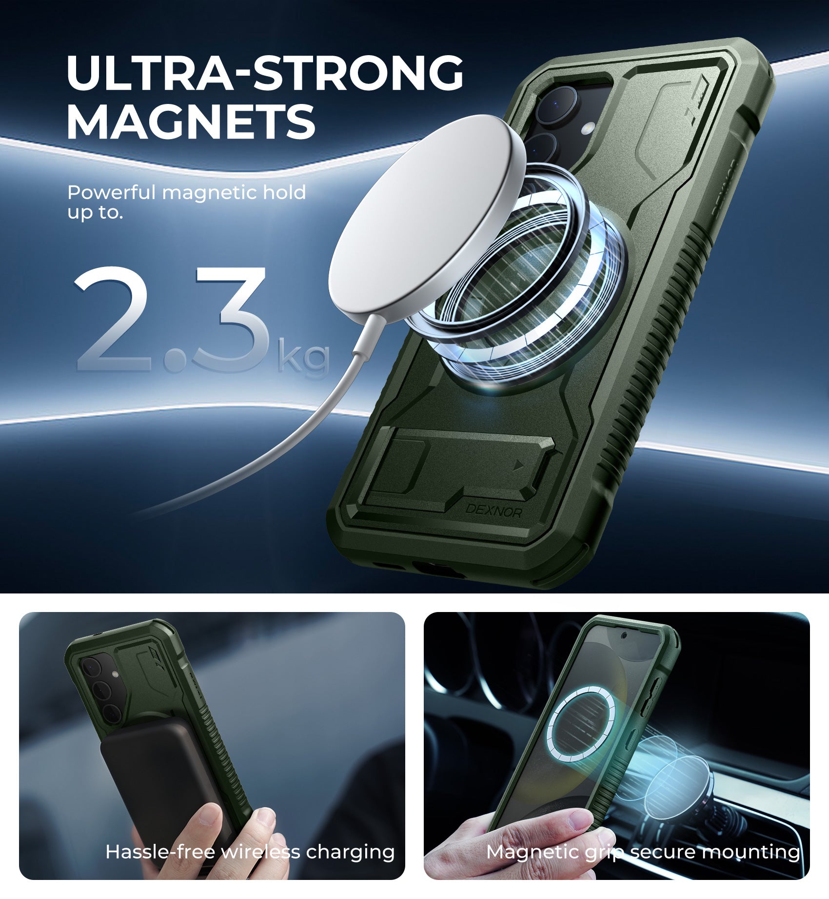 Dexnor Case for Samsung Galaxy S24 with Kickstand 2 Front Frames Built-in Screen Protector Compatible with Magsafe Rugged Shockproof Full-body Protective Cover