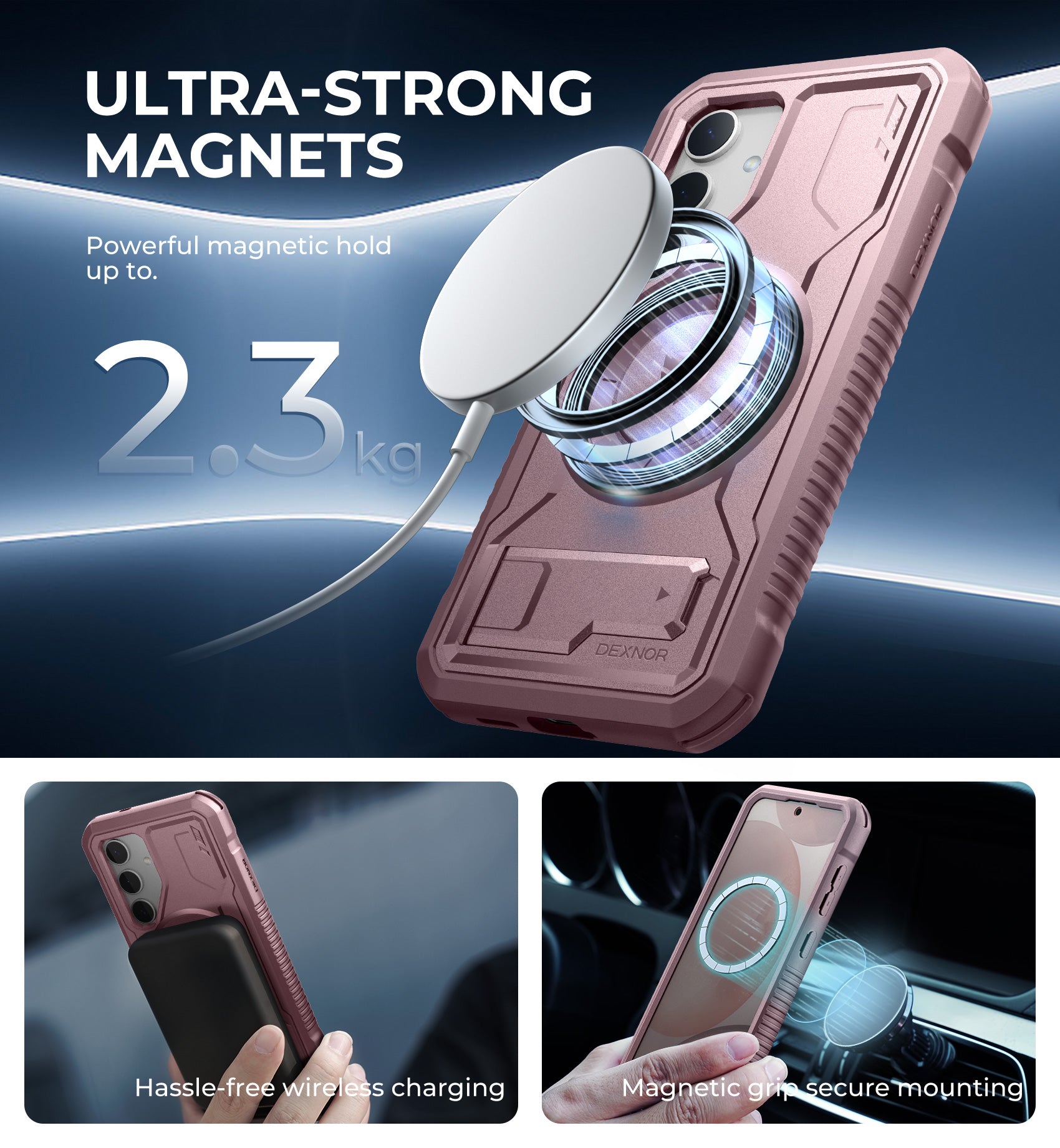 Dexnor Case for Samsung Galaxy S24 with Kickstand 2 Front Frames Built-in Screen Protector Compatible with Magsafe Rugged Shockproof Full-body Protective Cover