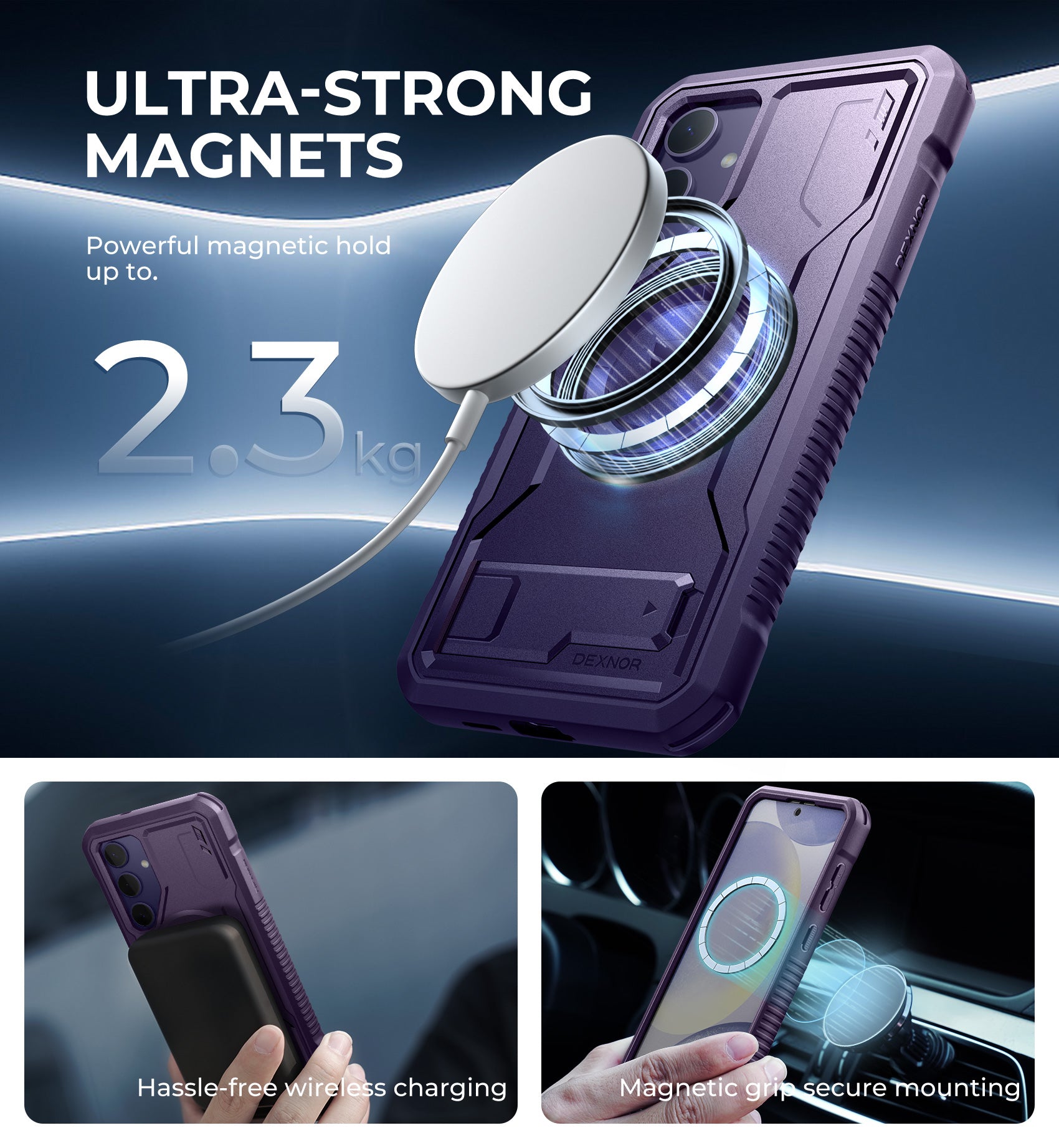 Dexnor Case for Samsung Galaxy S24 Plus with Kickstand 2 Front Frames Built-in Screen Protector Compatible with Magsafe Magnetic Bumper Rugged Shockproof Full-Body Protective Cover