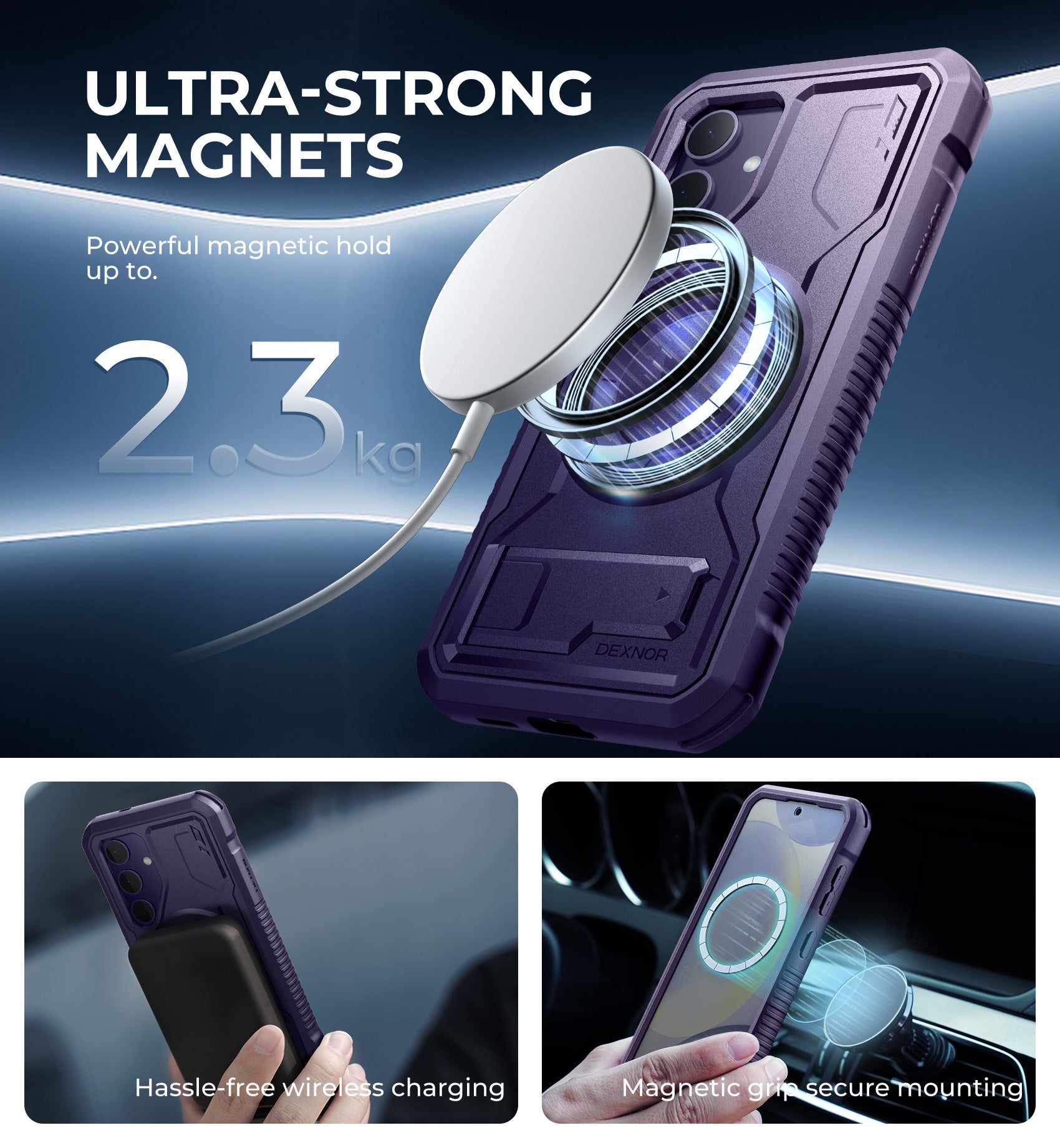 Dexnor Case for Samsung Galaxy S24 with Kickstand 2 Front Frames Built-in Screen Protector Compatible with Magsafe Rugged Shockproof Full-body Protective Cover