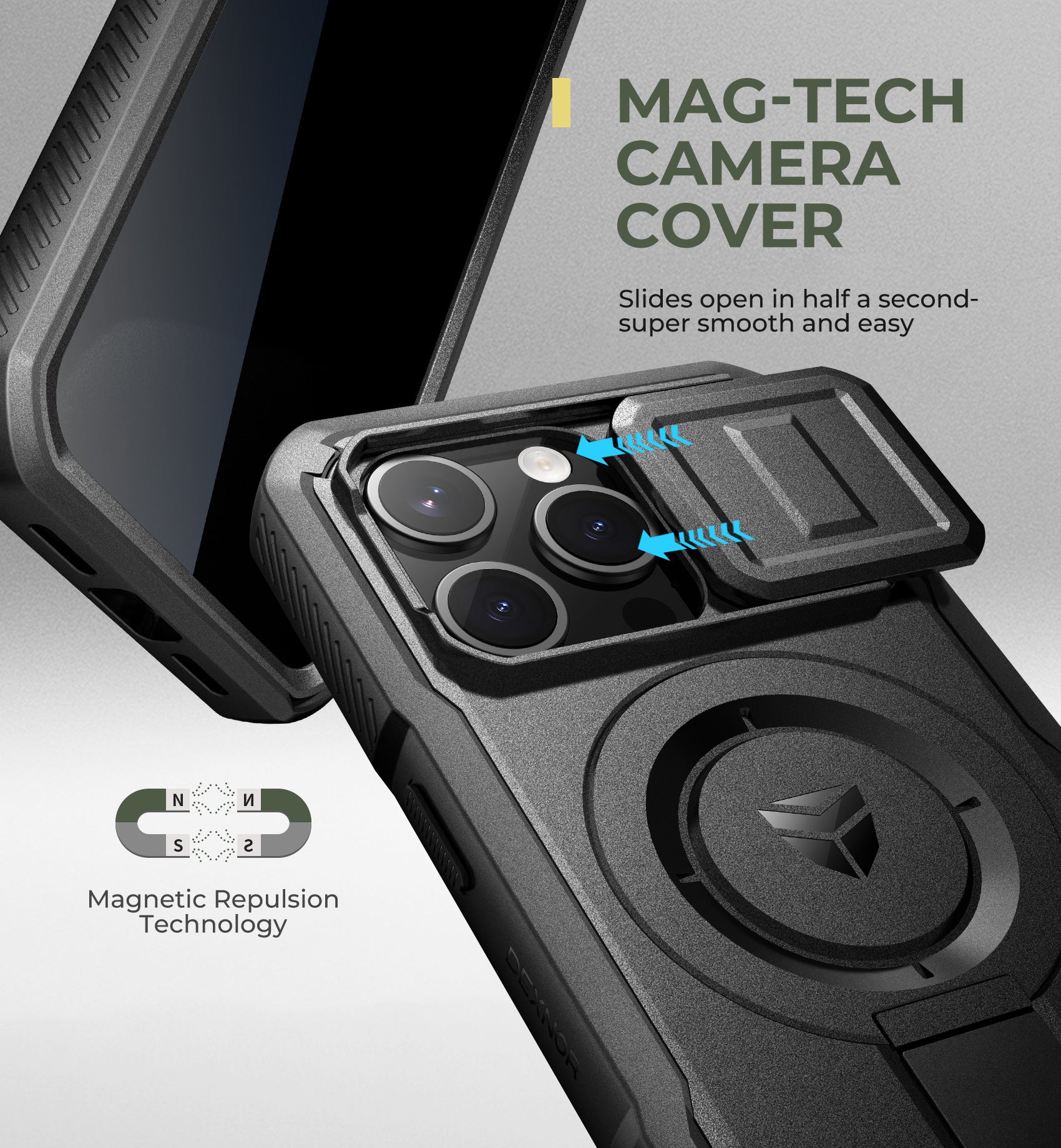 Dexnor Case for iPhone 15 Pro with Slide Camera Cover Adjustable Kickstand Privacy Screen Protector Compatible with MagSafe 6.1 Inch