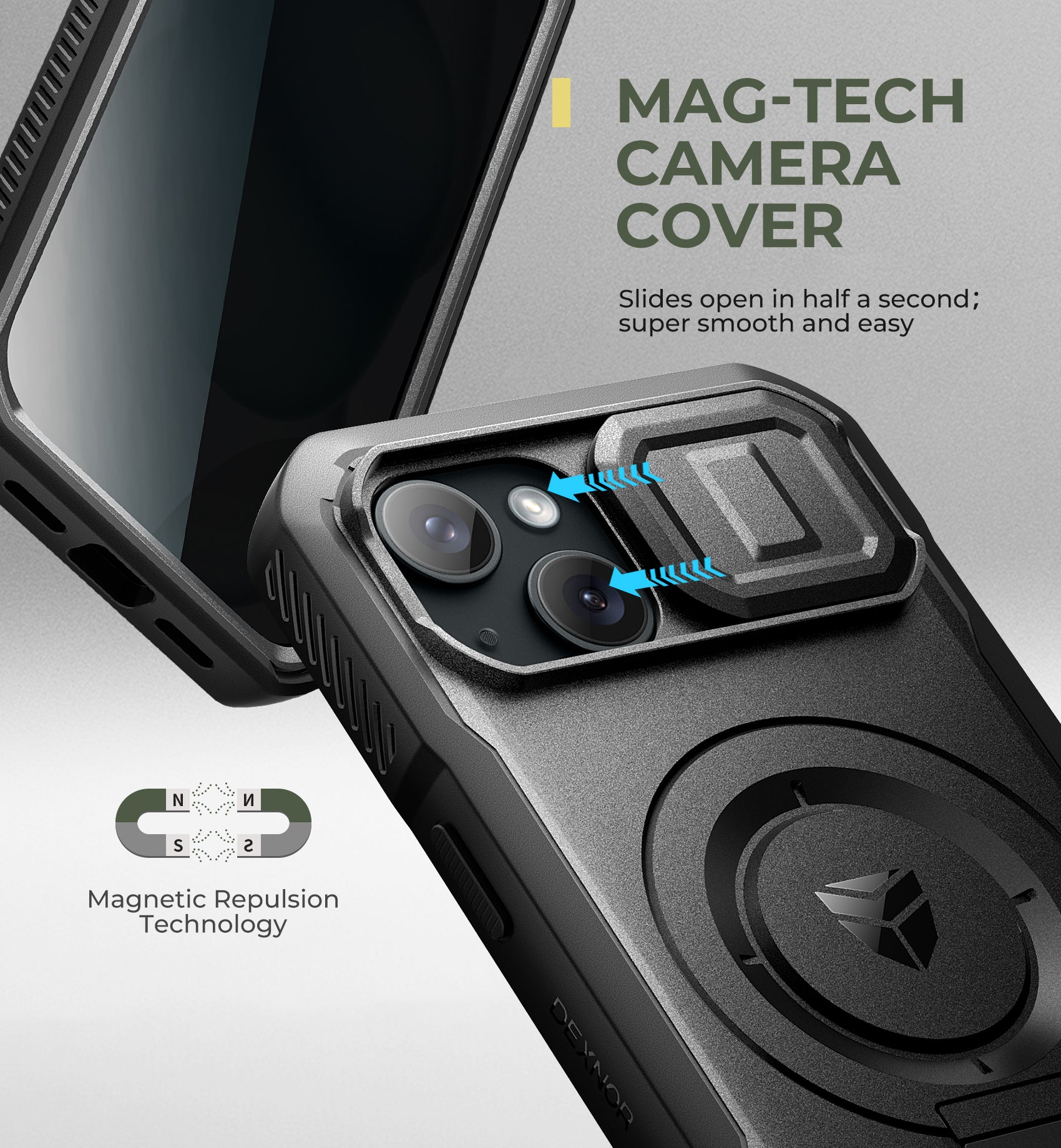 Dexnor Case for iPhone 15 with Slide Camera Cover Adjustable Kickstand Privacy Screen Protector Compatible with MagSafe Rugged Bumper Heavy-Duty Magnetic Protective Cover 6.1 Inch