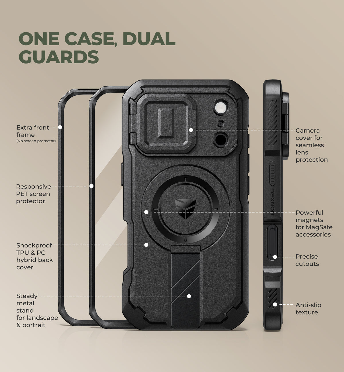 Dexnor Heavy Duty Rugged Case for iPhone 17 Pro, 2 Front Frame, Flip Camera Cover, MagSafe Compatible, Screen Protector and Kickstand