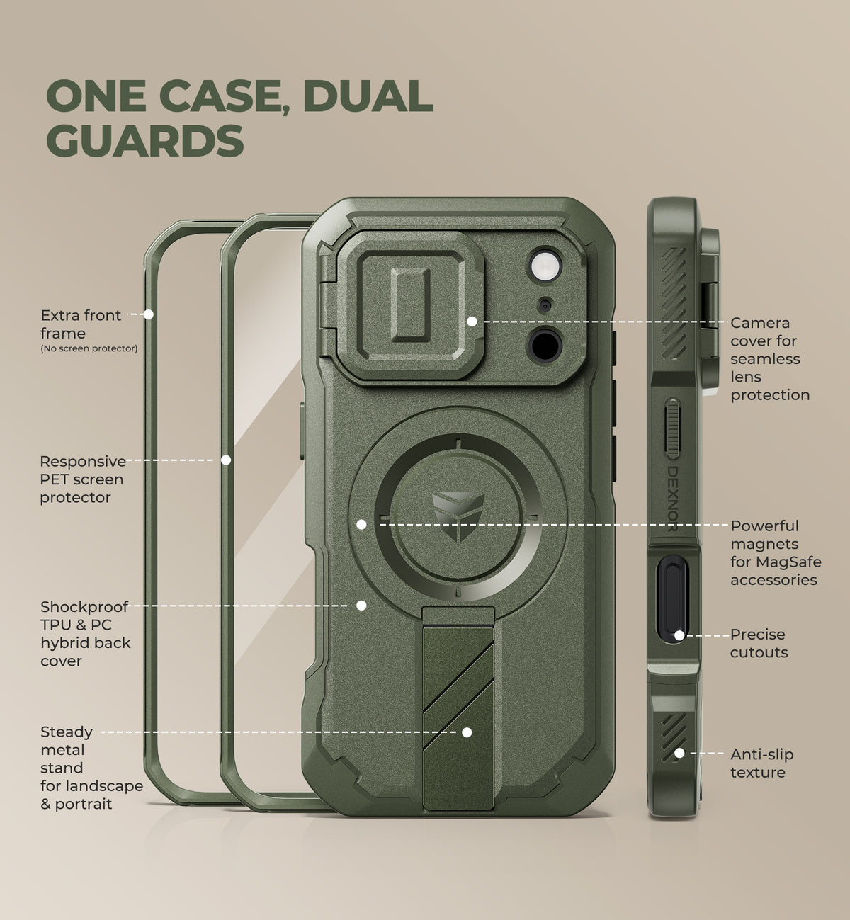 Dexnor Heavy Duty Rugged Case for iPhone 17 Pro, 2 Front Frame, Flip Camera Cover, MagSafe Compatible, Screen Protector and Kickstand