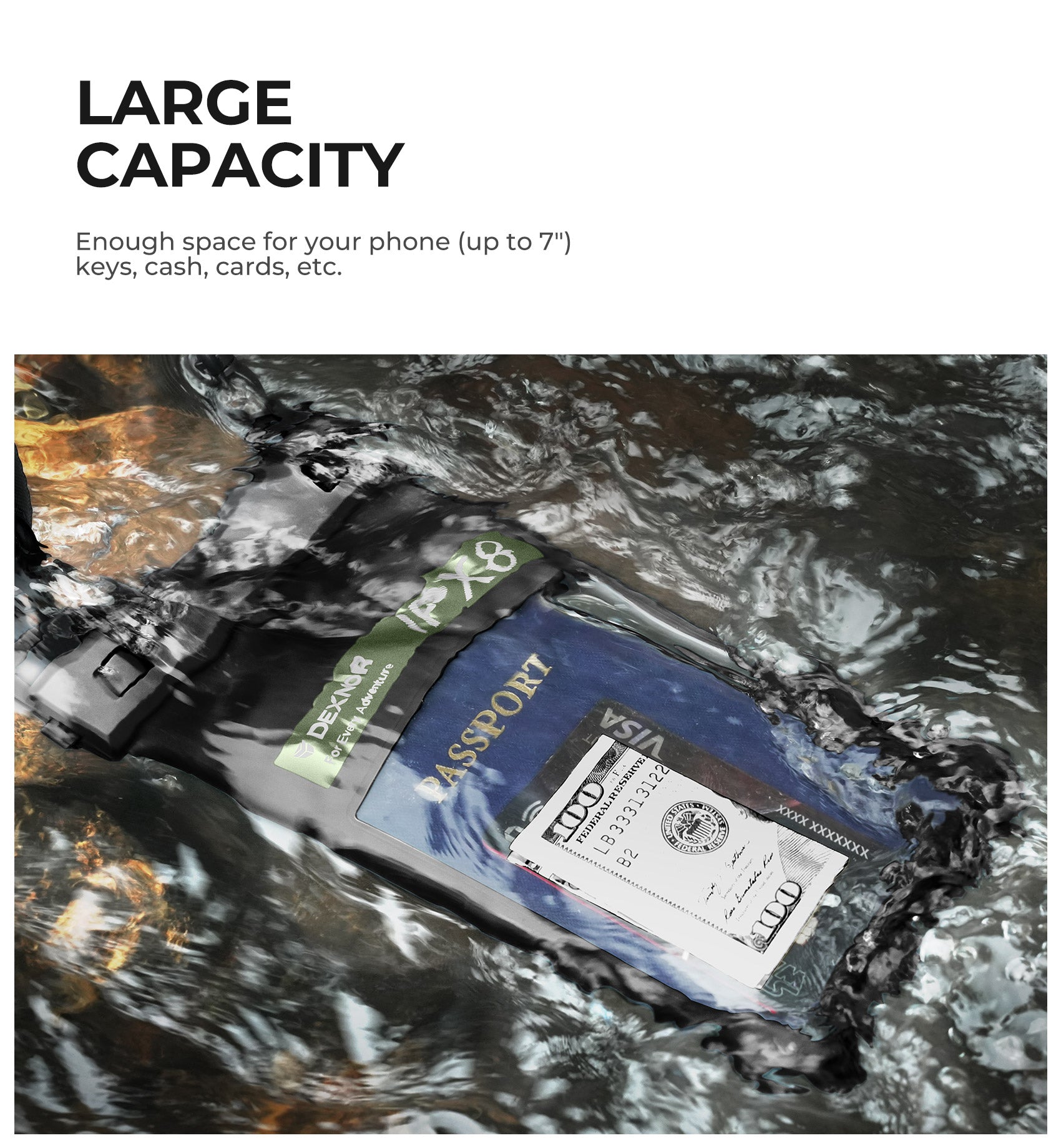 Dexnor IP68 Waterproof Phone Pouch Universal 3D Cellphone Dry Bag Case with Adjustable Double-Hook Lanyard for iPhone 15 14 13 12 Pro Max XS Plus Samsung Galaxy S24 S23 Cell Phone Up to 7.0 inch