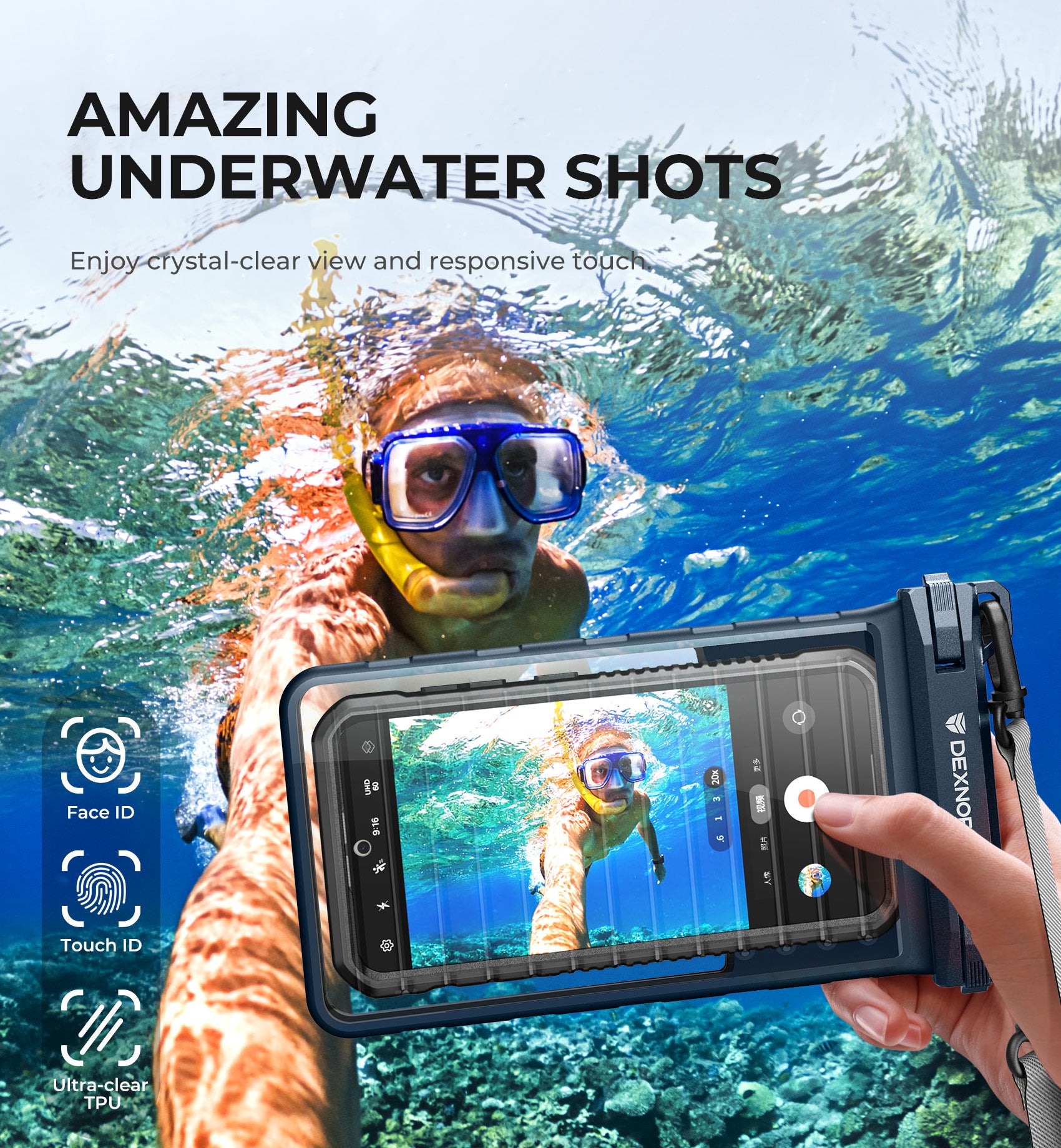 Dexnor IP68 Waterproof Phone Pouch Universal 3D Cellphone Dry Bag Case with Adjustable Double-Hook Lanyard for iPhone 15 14 13 12 Pro Max XS Plus Samsung Galaxy S24 S23 Cell Phone Up to 7.0 inch