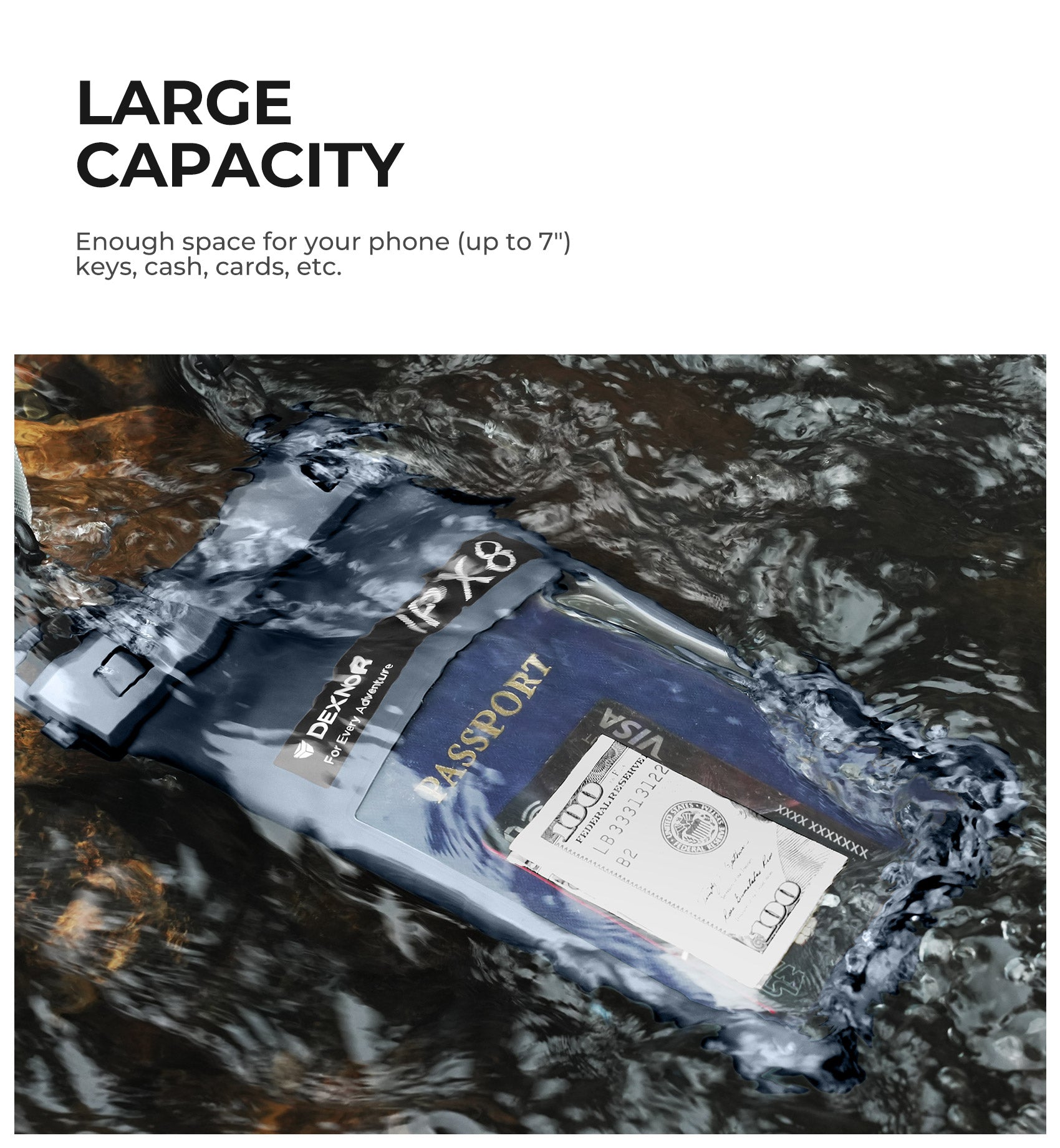 Dexnor IP68 Waterproof Phone Pouch Universal 3D Cellphone Dry Bag Case with Adjustable Double-Hook Lanyard for iPhone 15 14 13 12 Pro Max XS Plus Samsung Galaxy S24 S23 Cell Phone Up to 7.0 inch