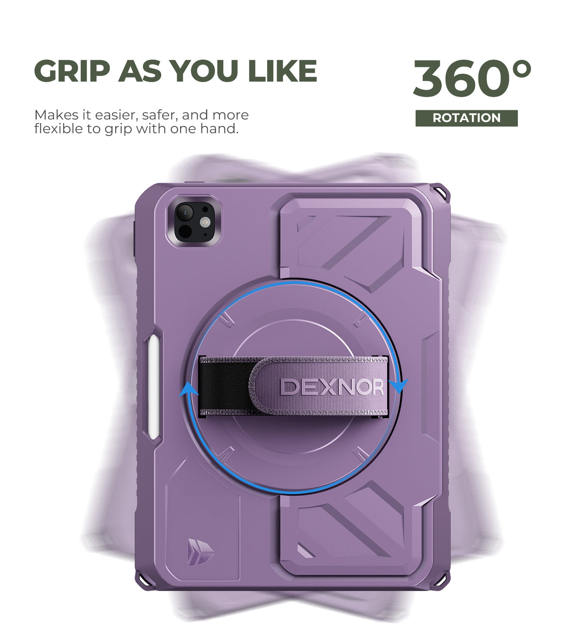 Dexnor Tablet Case for iPad Pro 11 inch M5 2025/M4 2024, Rugged with 360° Rotating Hand Strap Screen Protector Pencil Holder Shockproof Full-Body Cover