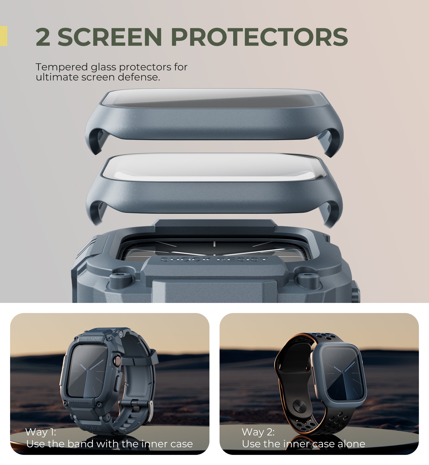 Dexnor Watch Band with Case for Apple Watch Series 9 45mm Series 8 45mm Series 7 45mm Built-in 2 Sets Tempered Glass Screen Protector Snap-on Cover with Band