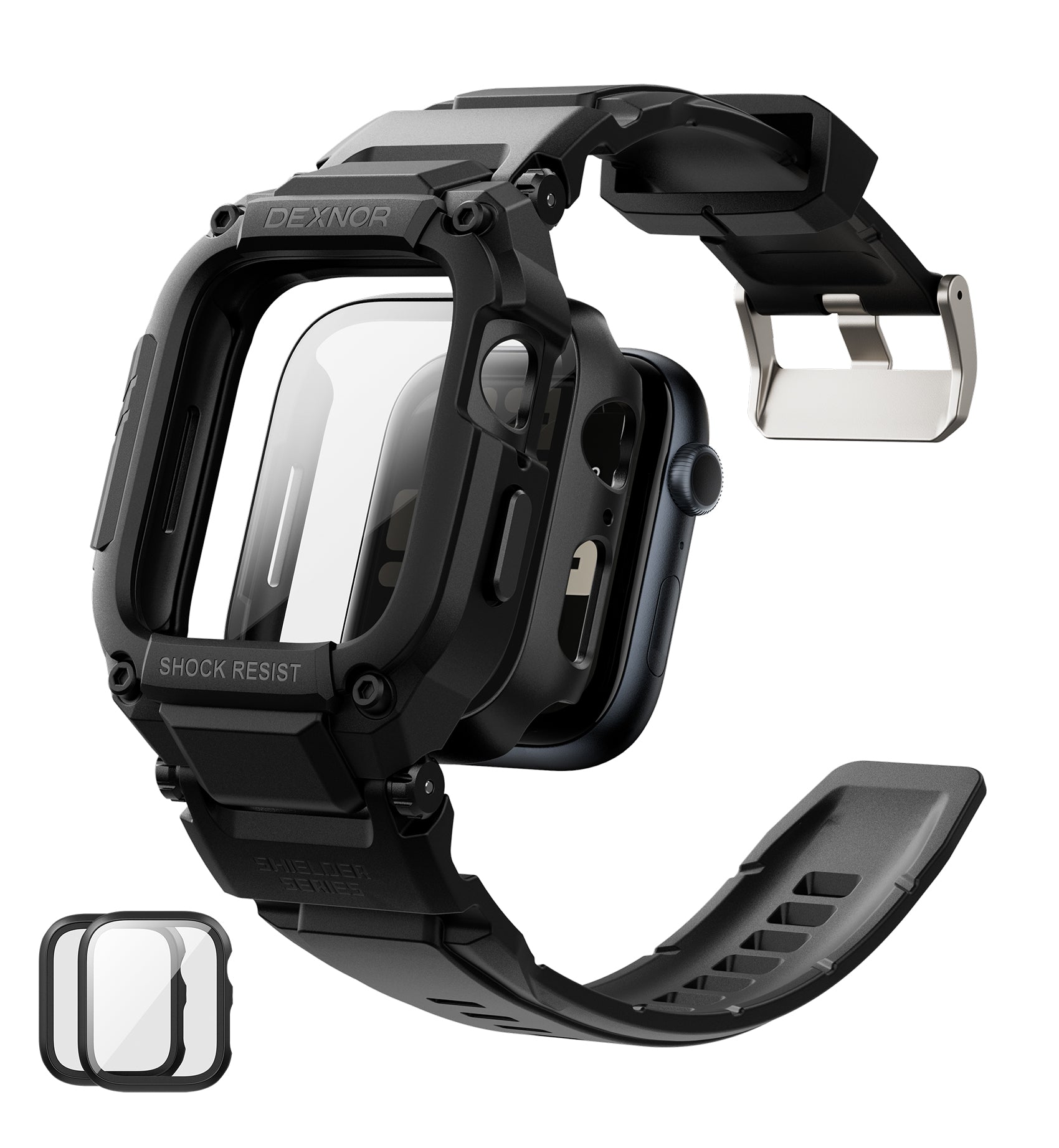 Dexnor Watch Band with Case for Apple Watch Series SE2 44mm Series SE 44mm Series 6 44mm Series 5 44mm Series 4 44mm Built-in 2 Sets Tempered Glass Screen Protector Snap-on Cover with Band