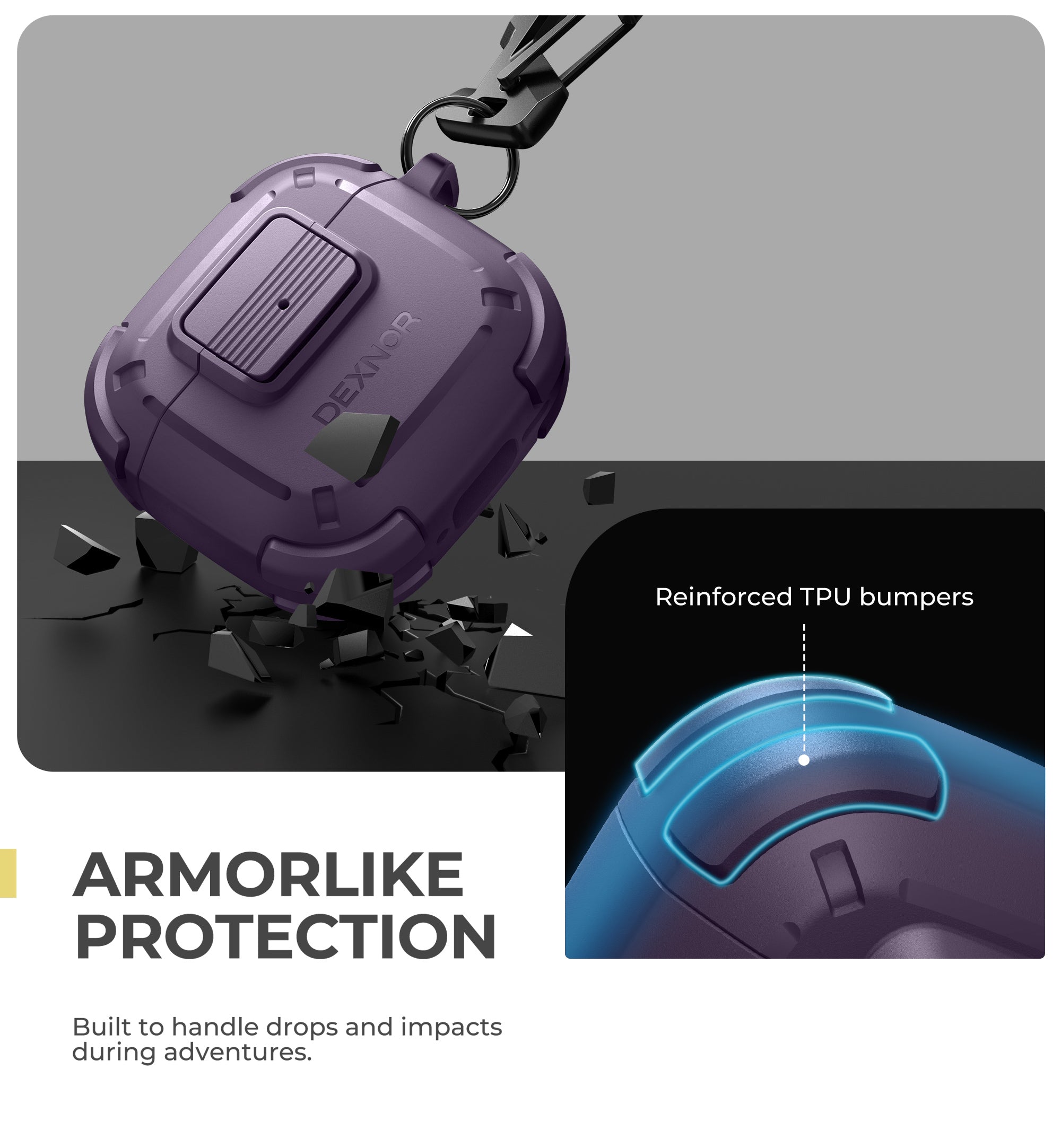 Dexnor Case for AirPods 4th Generation 2024 with Drop-Proof Lock Shockproof Rugged Bumper Cases Carabiner & Keyring & Cleaner Kit Black