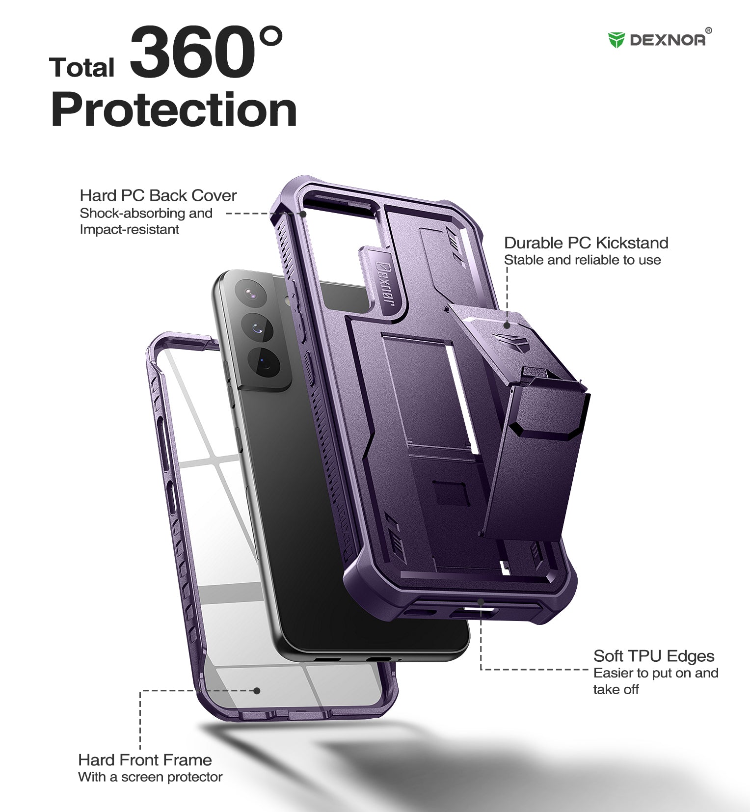 Dexnor Case for Samsung Galaxy S22 With Single Screen Protector Full Body Bumper Kickstand Heavy-duty Shockproof Rugged Cover.