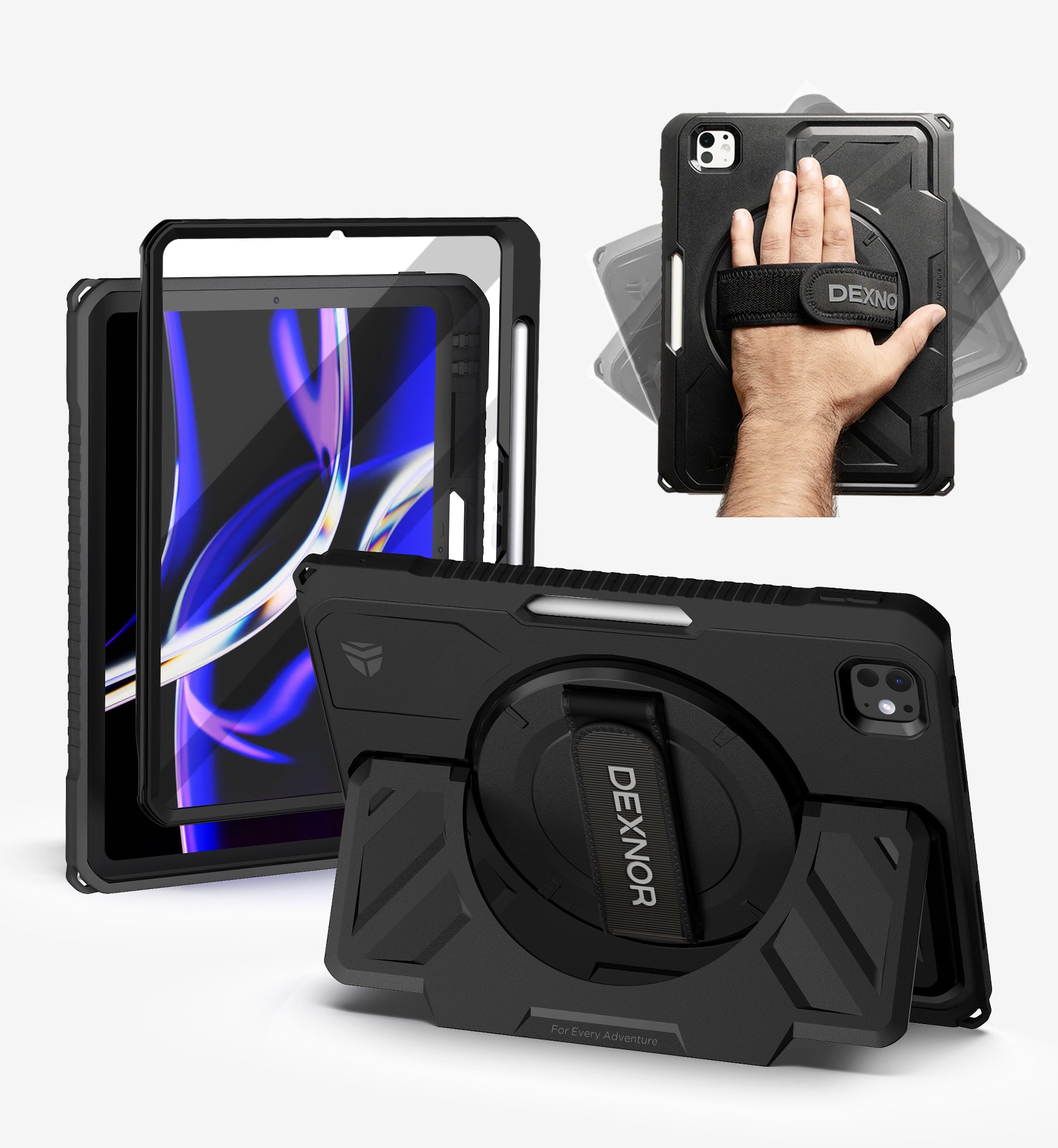 Dexnor Tablet Case for iPad Pro 11 inch M5 2025/M4 2024, Rugged with 360° Rotating Hand Strap Screen Protector Pencil Holder Shockproof Full-Body Cover