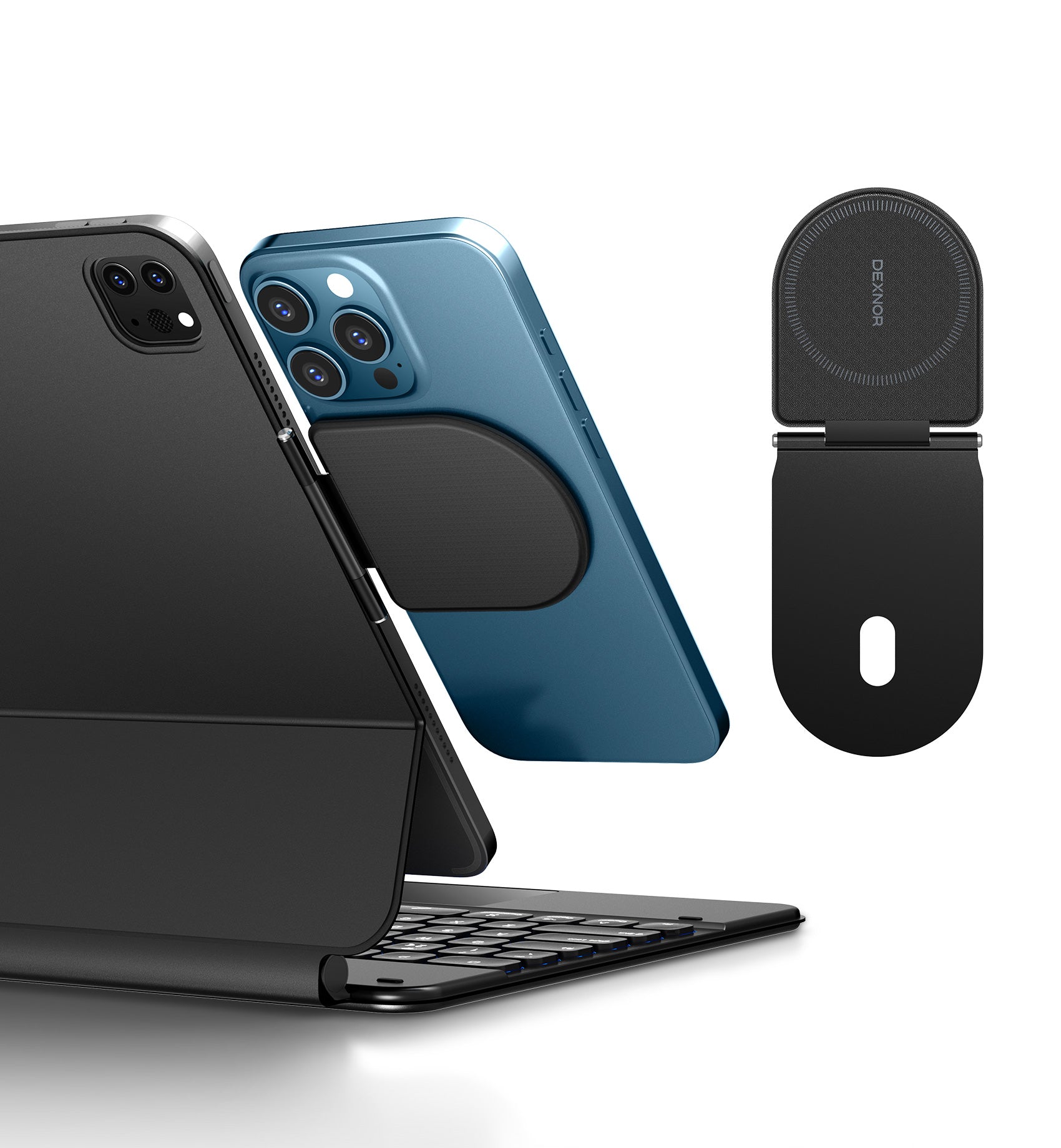 Dexnor Magnetic Phone Holder for Magic Keyboard, Compatible with Magsafe and Non-Magsafe Phone, Slim Portable Foldable Productivity Stand Mount for iPad/Samsung Magnetic Keyboard Cases