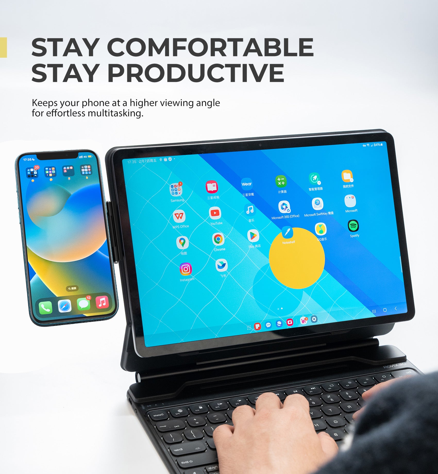 Dexnor Magnetic Phone Holder for Magic Keyboard, Compatible with Magsafe and Non-Magsafe Phone, Slim Portable Foldable Productivity Stand Mount for iPad/Samsung Magnetic Keyboard Cases