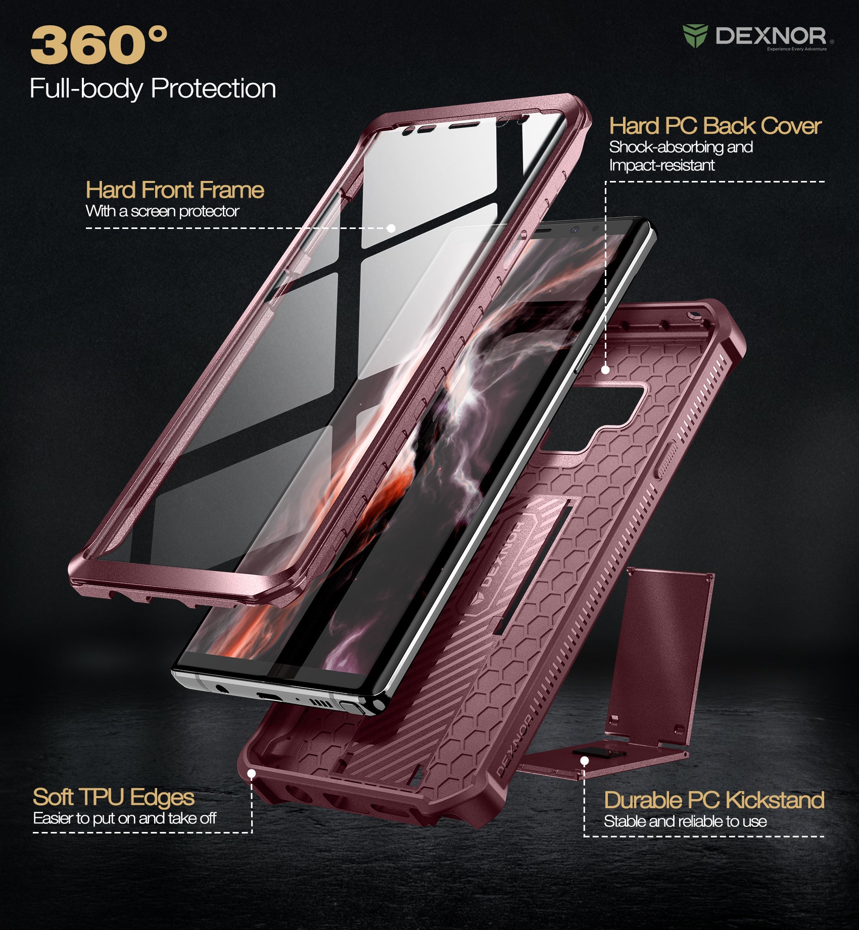 Dexnor Case for Samsung Galaxy Note 9 With Single Screen Protector Full Body Bumper Kickstand Heavy-duty Shockproof Rugged Cover.