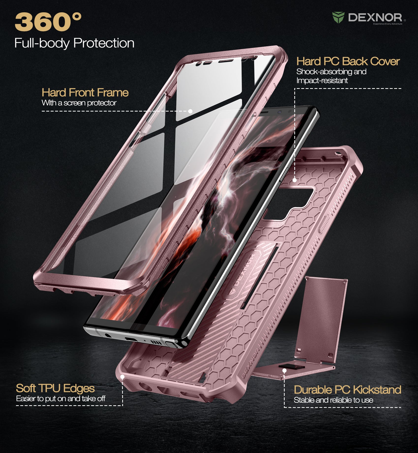 Dexnor Case for Samsung Galaxy Note 9 With Single Screen Protector Full Body Bumper Kickstand Heavy-duty Shockproof Rugged Cover.