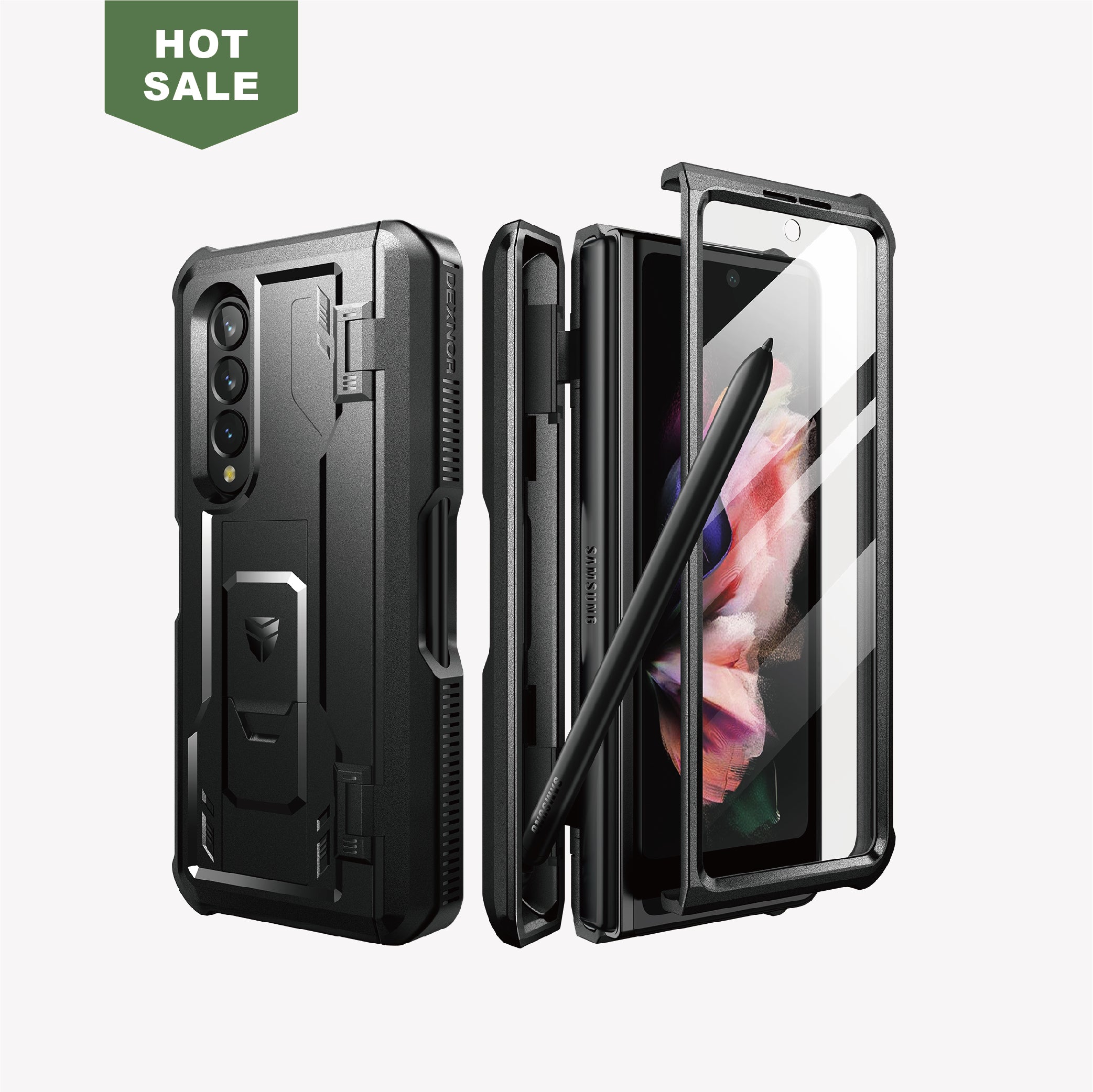 Dexnor Case for Samsung Galaxy Z Fold 3 With Hinge Coverage Screen Protector Full Body Bumper Kickstand Heavy-duty Shockproof Rugged Cover.