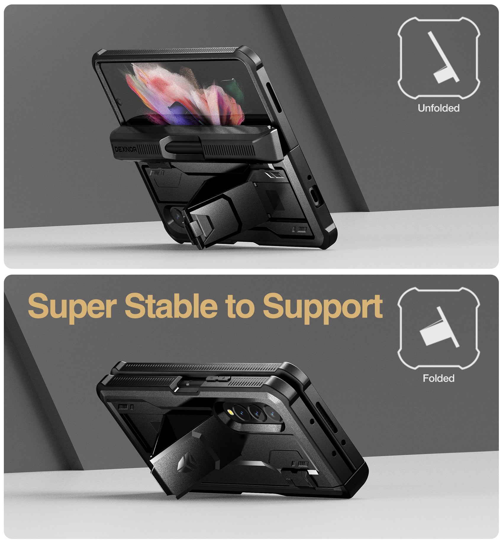 Dexnor Case for Samsung Galaxy Z Fold 3 With Hinge Coverage Screen Protector Full Body Bumper Kickstand Heavy-duty Shockproof Rugged Cover.