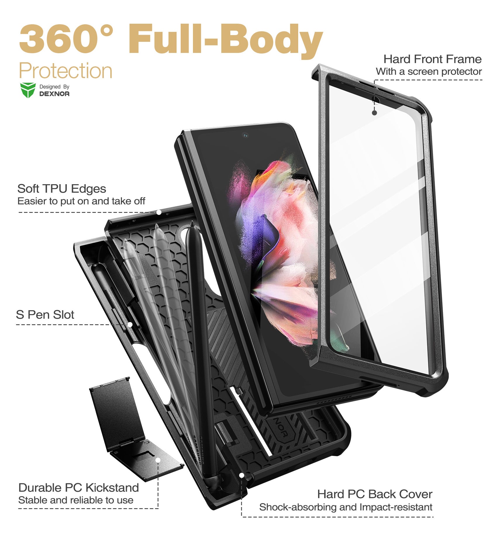 Dexnor Case for Samsung Galaxy Z Fold 3 With Hinge Coverage Screen Protector Full Body Bumper Kickstand Heavy-duty Shockproof Rugged Cover.