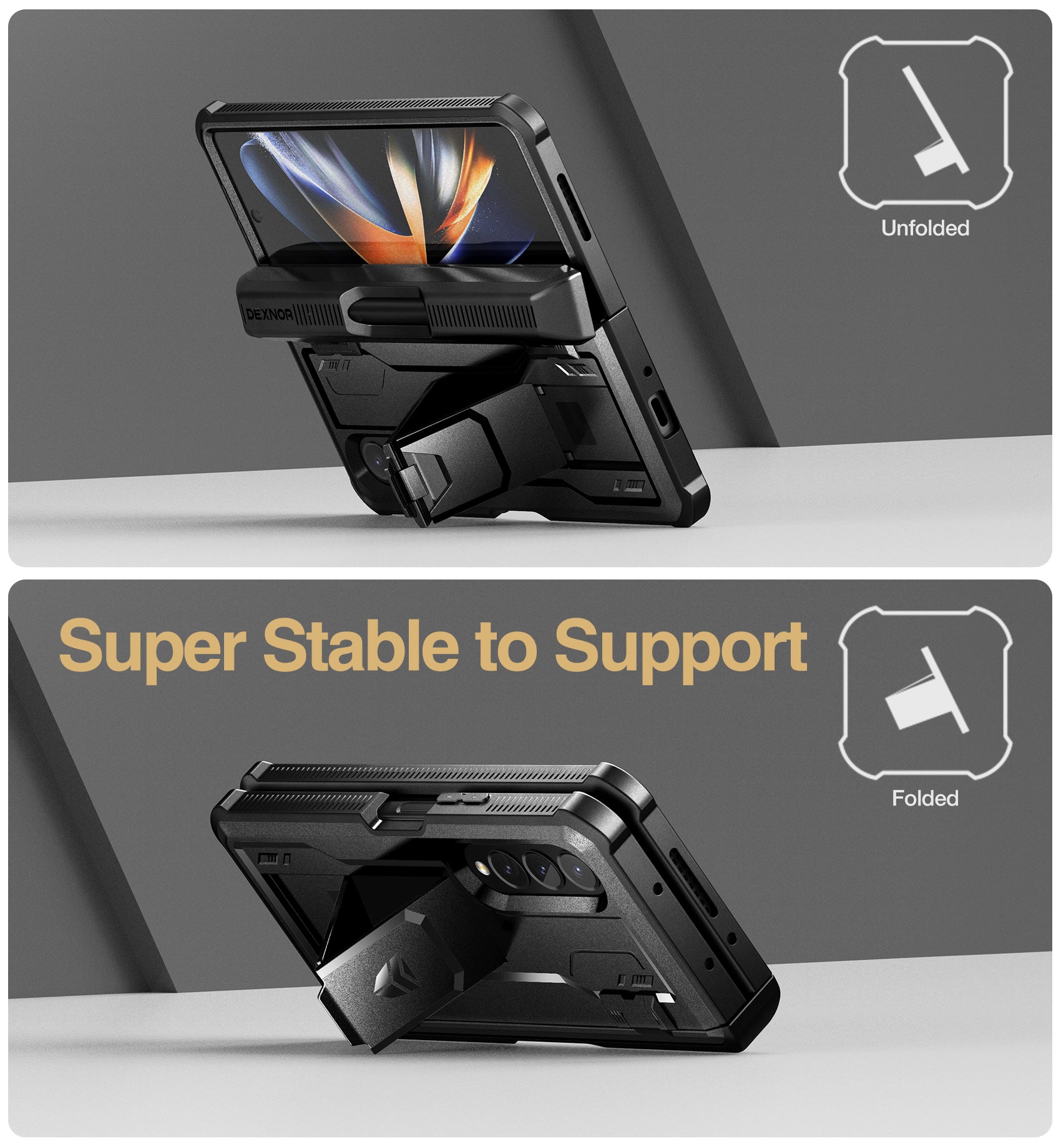 Dexnor Case for Samsung Galaxy Z Fold 4 With Hinge Coverage Screen Protector Full Body Bumper Kickstand Heavy-duty Shockproof Rugged Cover.