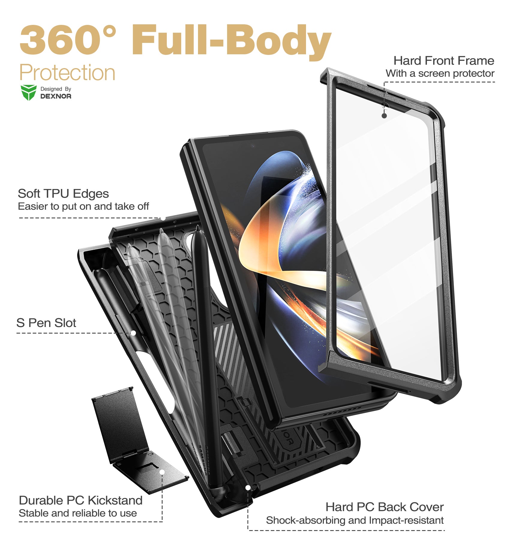 Dexnor Case for Samsung Galaxy Z Fold 4 With Hinge Coverage Screen Protector Full Body Bumper Kickstand Heavy-duty Shockproof Rugged Cover.