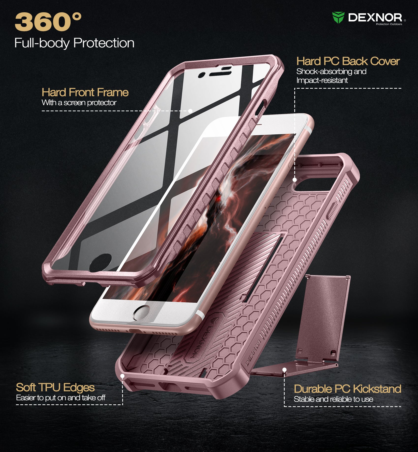 Dexnor Case for iPhone 8 Plus/7 Plus With Screen Protector Full Body Bumper Kickstand Heavy-duty Shockproof Rugged Cover.