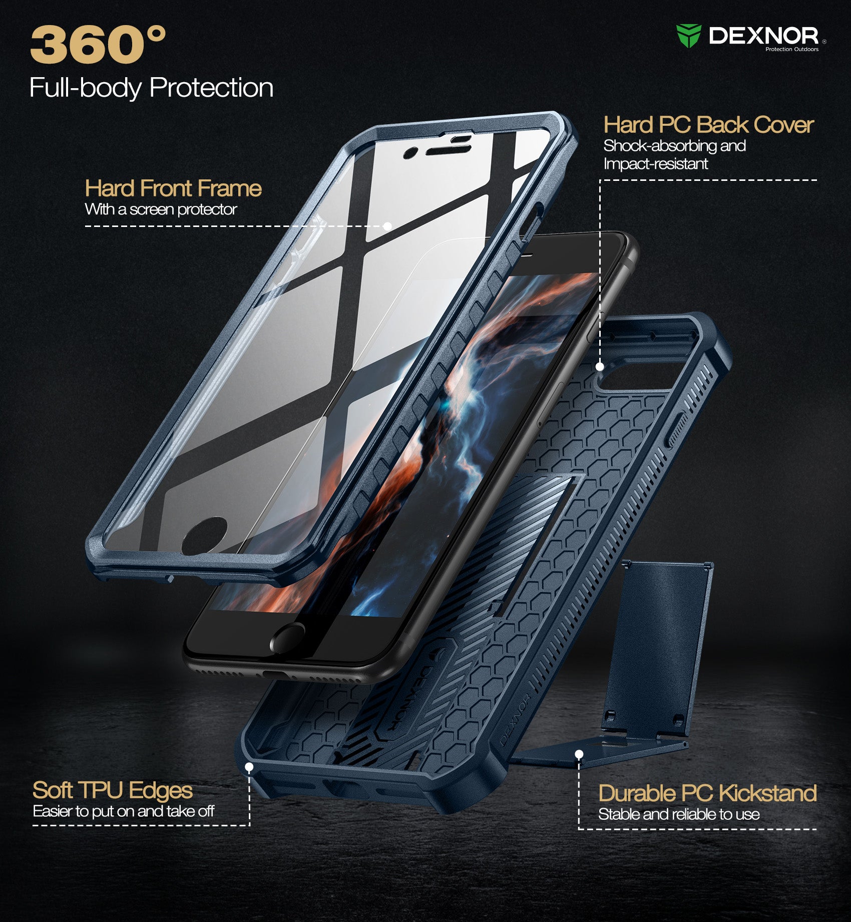 Dexnor Case for iPhone 8 Plus/7 Plus With Screen Protector Full Body Bumper Kickstand Heavy-duty Shockproof Rugged Cover.