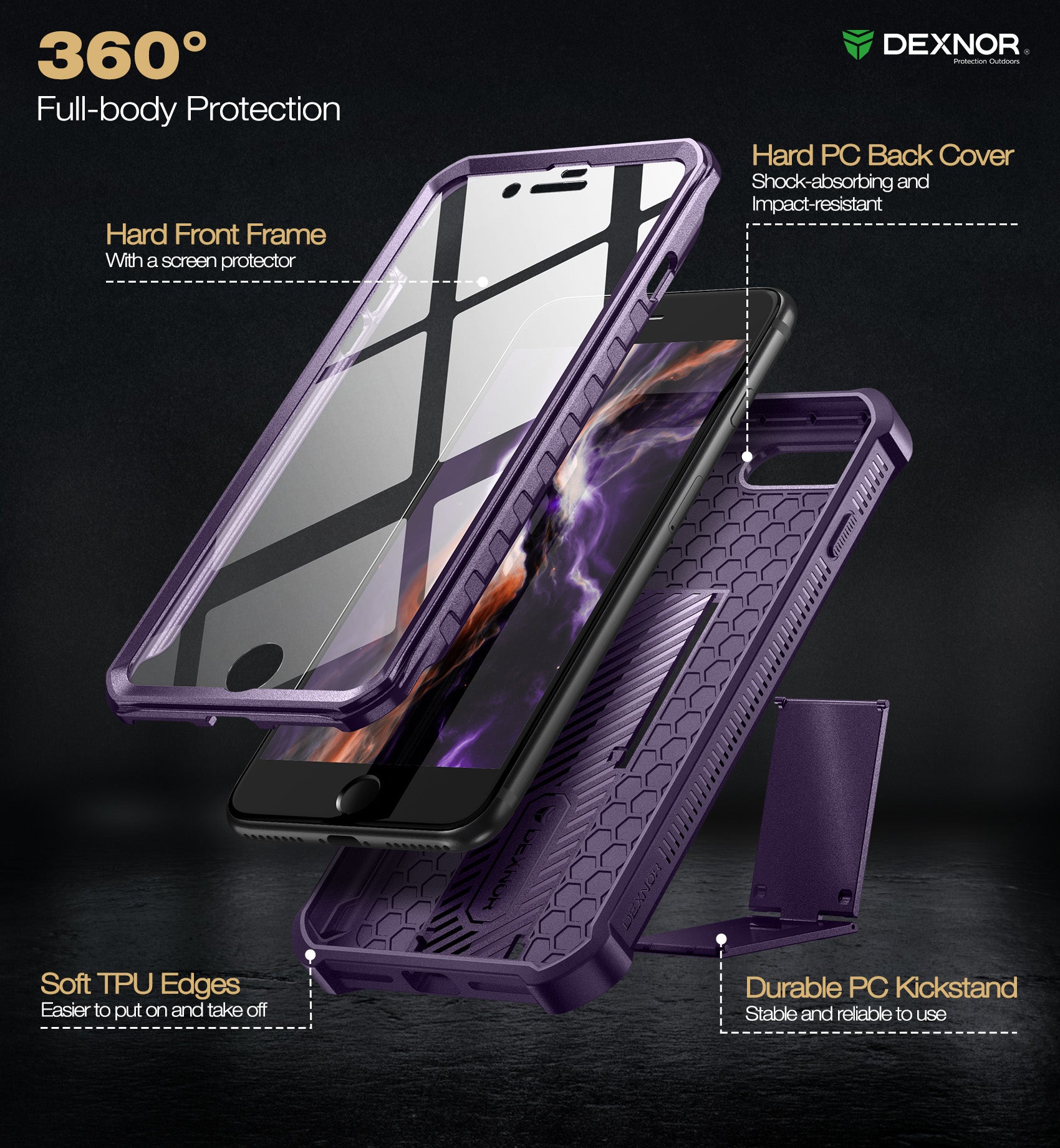Dexnor Case for iPhone 8 Plus/7 Plus With Screen Protector Full Body Bumper Kickstand Heavy-duty Shockproof Rugged Cover.