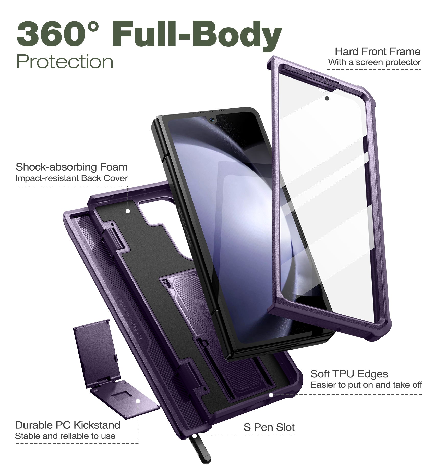 Dexnor Case for Samsung Galaxy Z Fold 5 With Hinge Coverage Screen Protector Full Body Bumper Kickstand Heavy-duty Shockproof Rugged Cover.