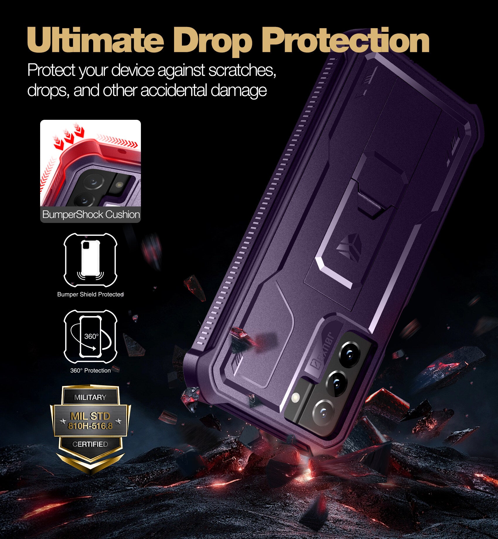 Dexnor Case for Samsung Galaxy S21 FE With Single Screen Protector Full Body Bumper Kickstand Heavy-duty Shockproof Rugged Cover.