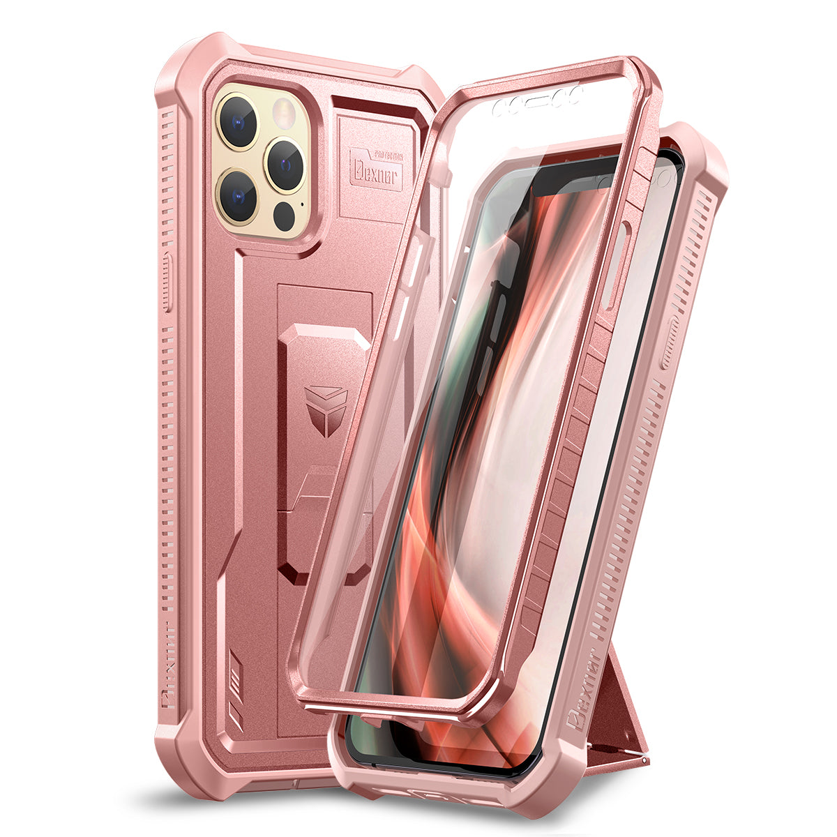 Dexnor Black Case For iPhone 12 Pro With Heavy-duty Shockproof Full Body Built-in Screen Protector Adjustable Kickstand