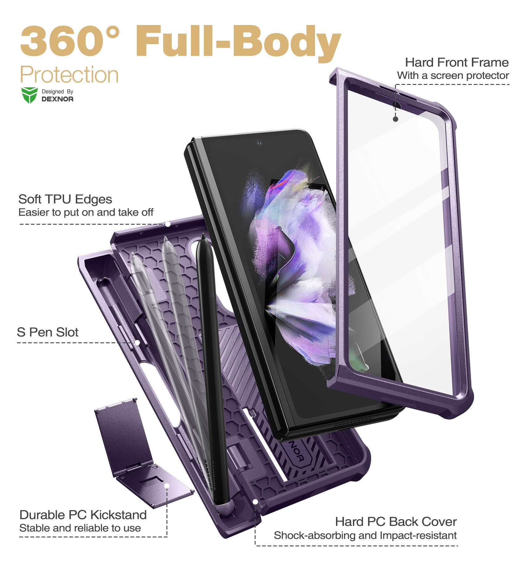 Dexnor Case for Samsung Galaxy Z Fold 3 With Hinge Coverage Screen Protector Full Body Bumper Kickstand Heavy-duty Shockproof Rugged Cover.
