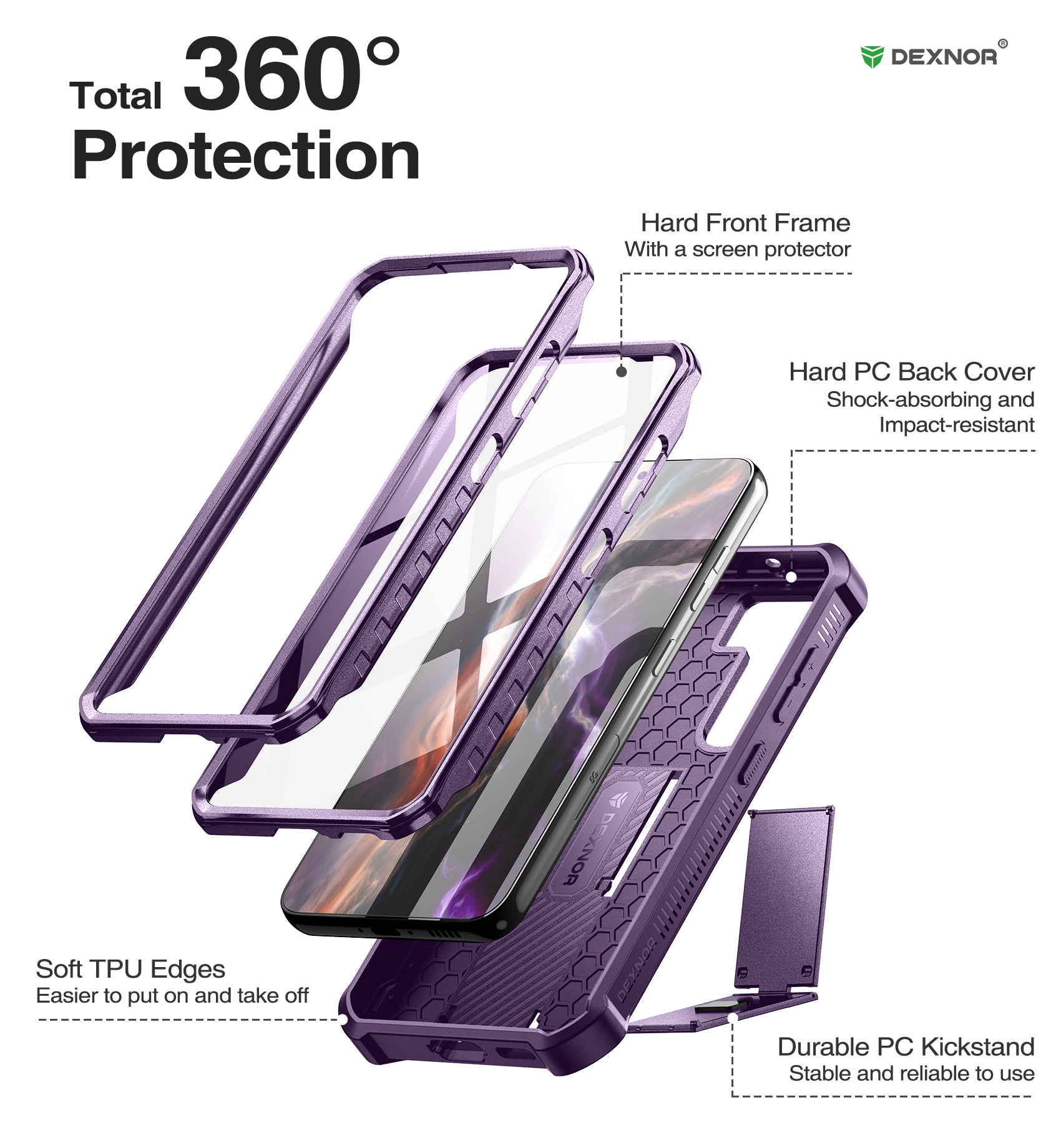 Dexnor Case for Samsung Galaxy S23 With Screen Protector Full Body Bumper Kickstand Heavy-duty Shockproof Rugged Cover.