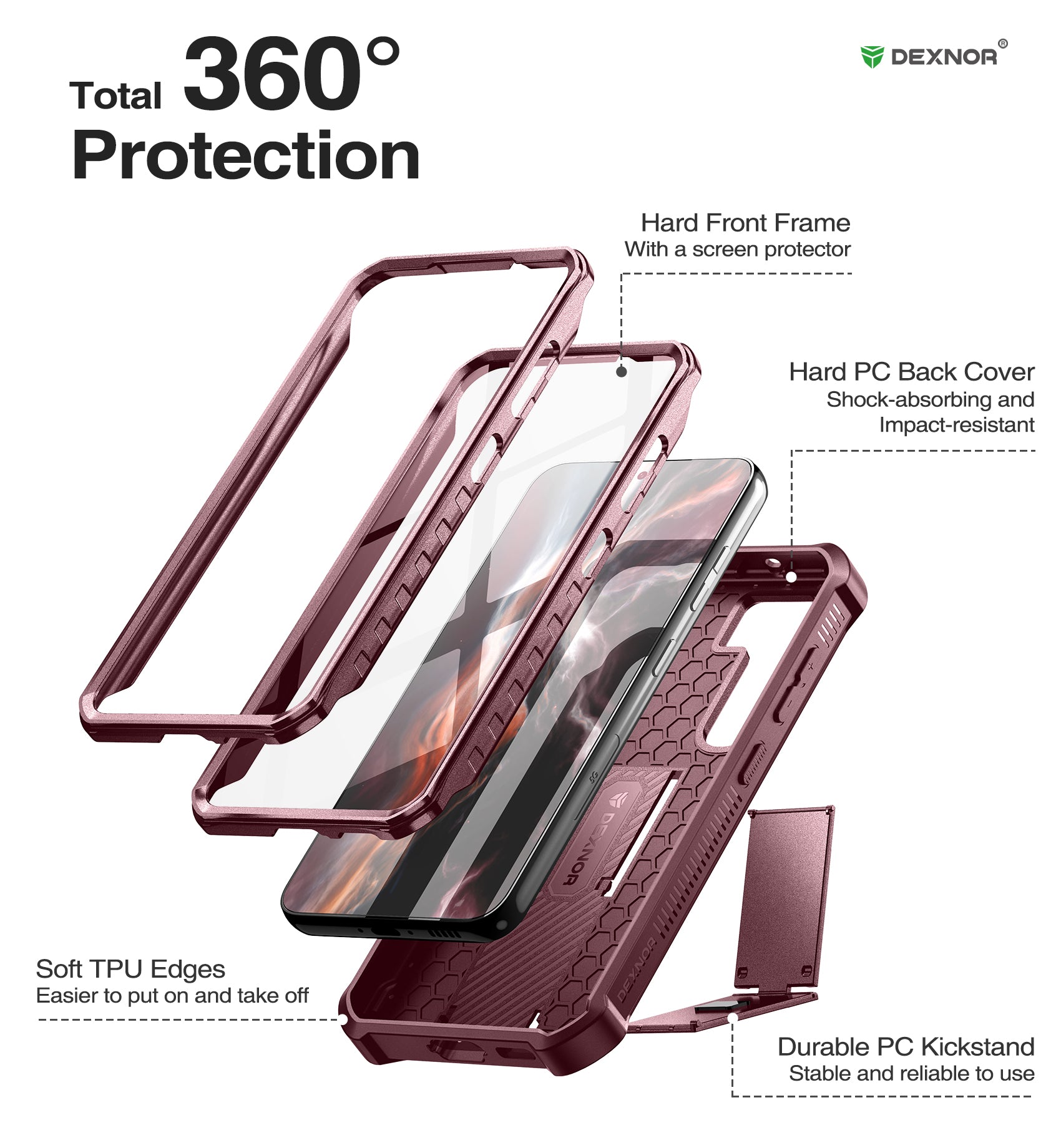 Dexnor Case for Samsung Galaxy S23 With Screen Protector Full Body Bumper Kickstand Heavy-duty Shockproof Rugged Cover.